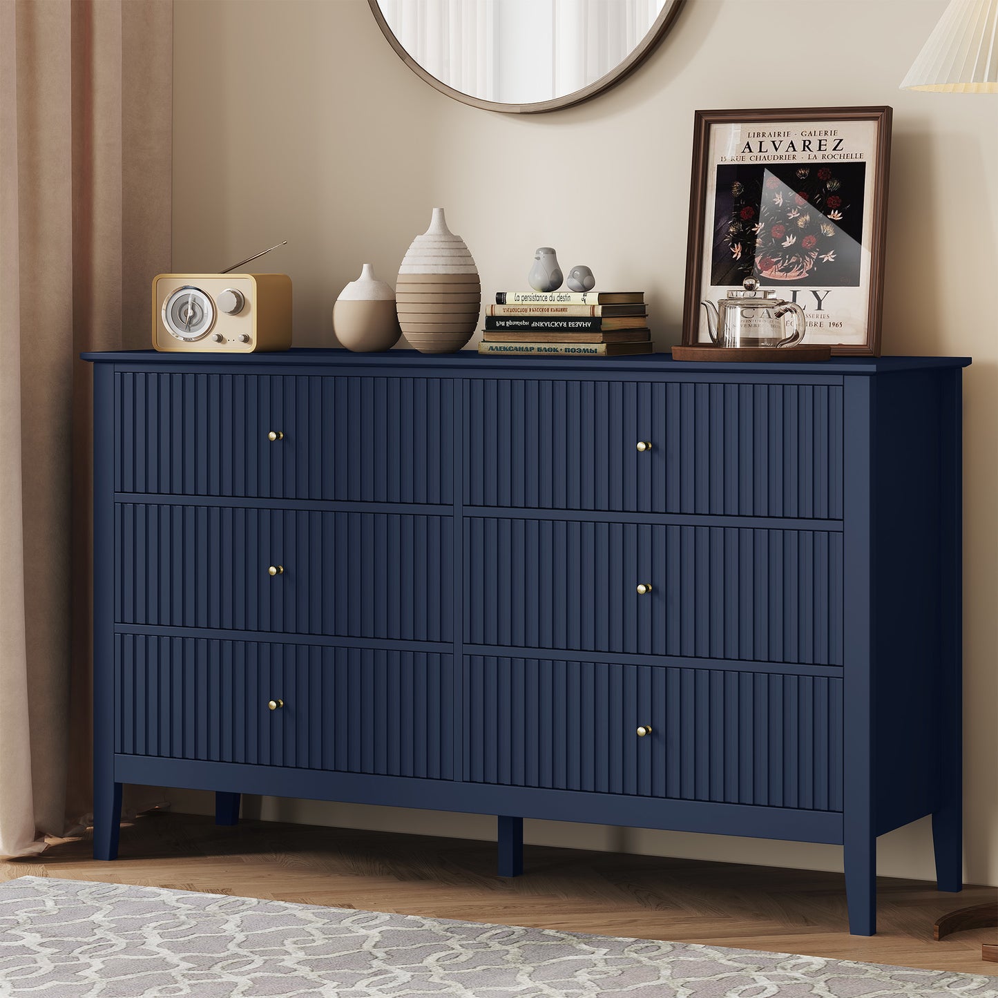 Royalcraft Fluted 6 Drawer Dresser, Wide Modern Chest of Drawers, Large Wood Storage Cabinet Organizer for Bedroom, Living Room, Hallway, Entryway, Blue