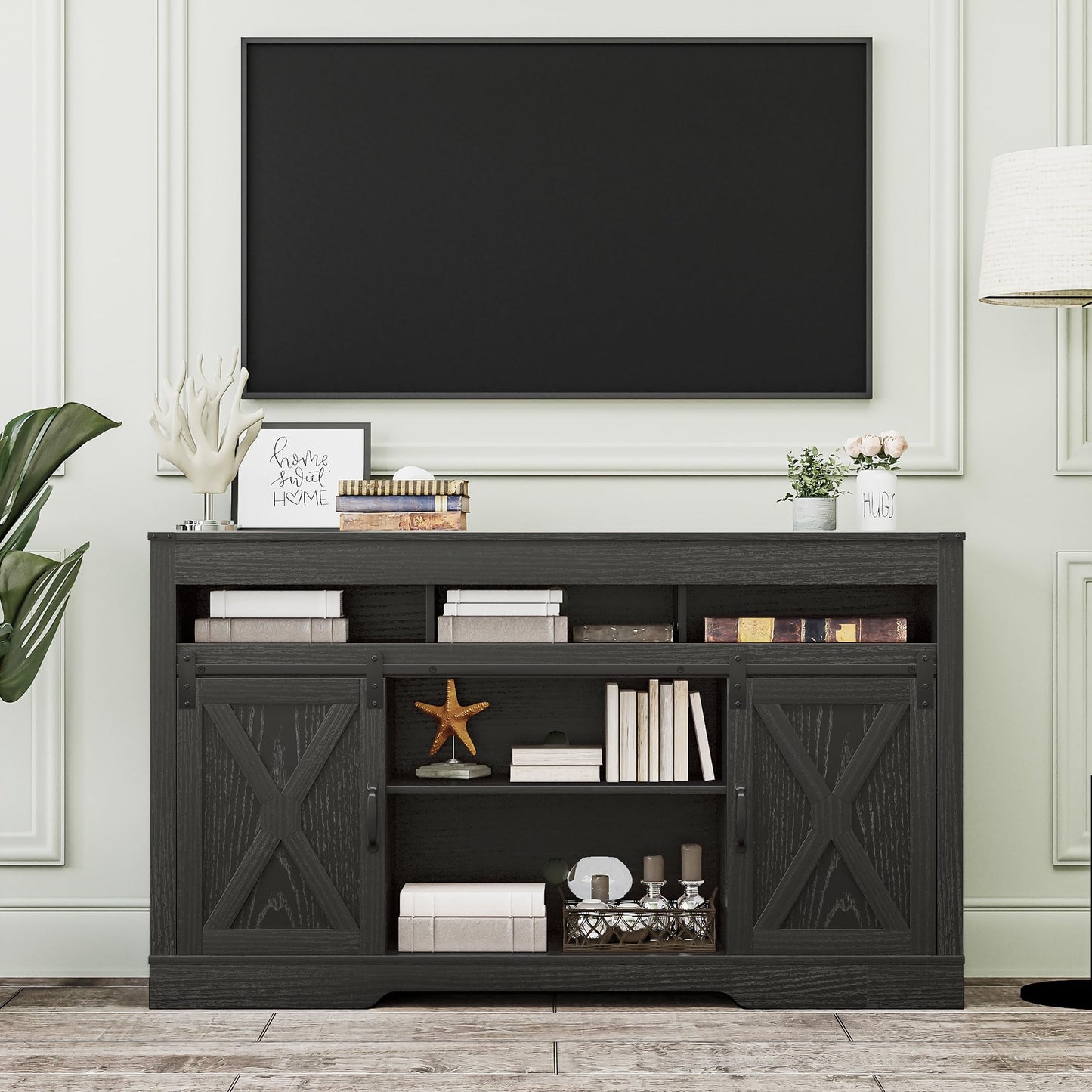 Heynemo Farmhouse TV Stand with Sliding Barn Door for TVs up to 65+ Inch, 34" Tall Entertainment Center, Wood Media Console Storage Cabinet for Bedroom, Living Room, Black