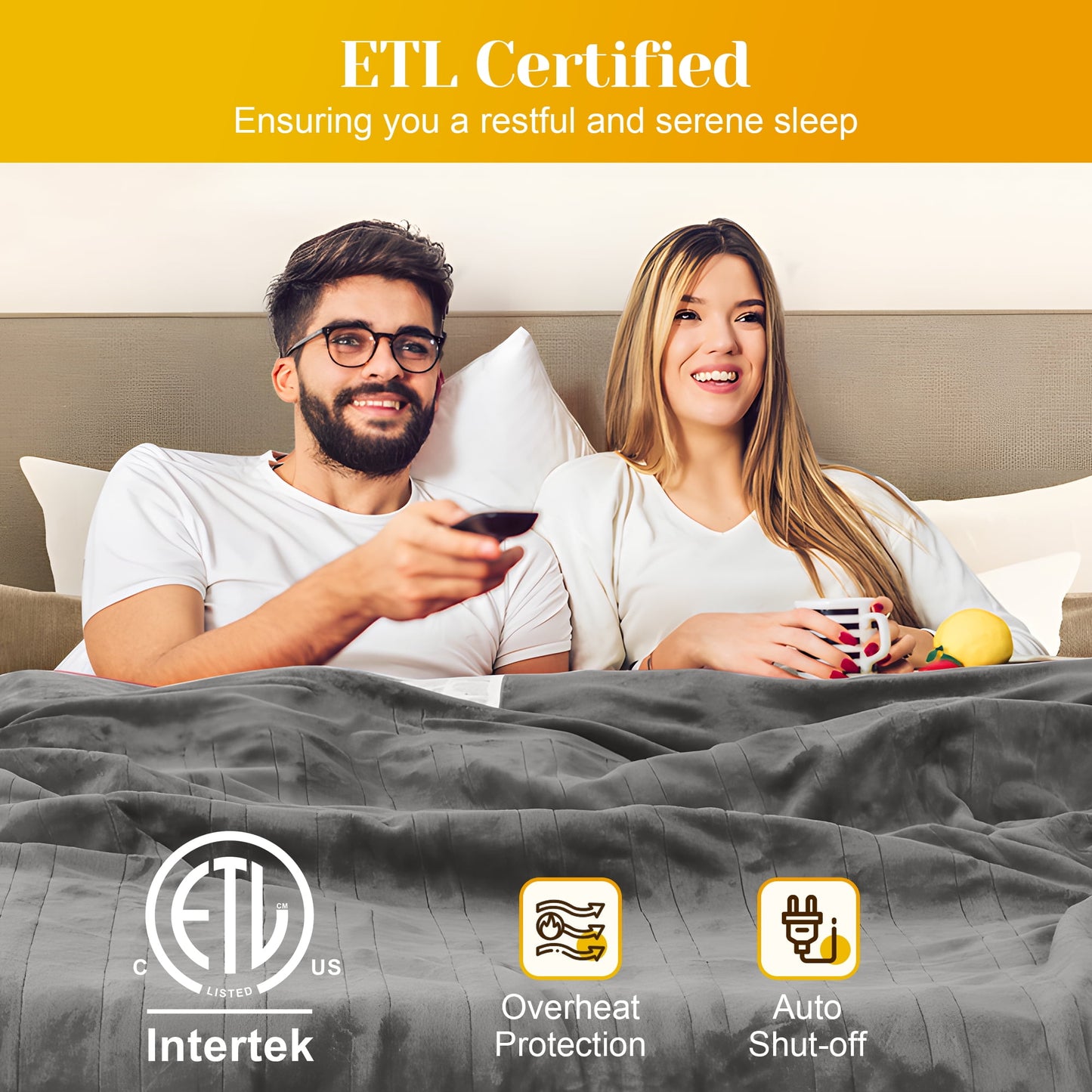 RoyalCraft Electric Heated Blanket, 84" x 62" Twin Size Electric Blanket with 10 Heating Levels and 12 Hours Auto-Off, Soft Flannel and Sherp Blanket with ETL & FCC Certification, Grey