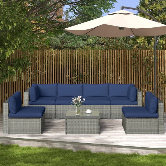 RoyalCraft Outdoor Patio Furniture Set, 7 Pieces Outdoor Wicker Sectional Sofa with Waterproof Cover, Blue Cushions with Strip and Zippers, Brown