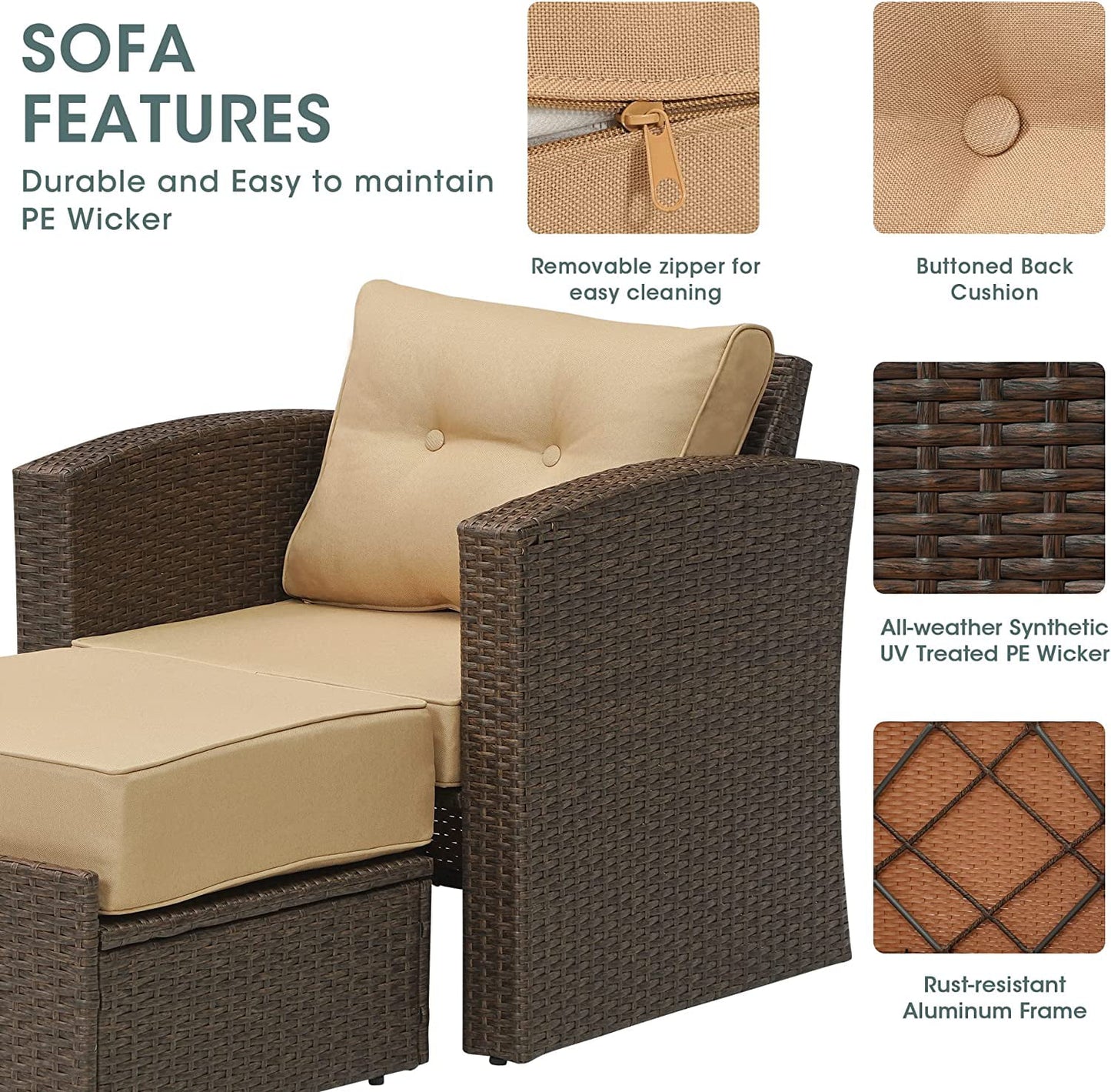 RoyalCraft Modular Collections Patio Sofa Chair with Ottoman, Outdoor Brown Rattan Lounger Sofa Chair Set with Seat and Back Cushions, Aluminum Frame