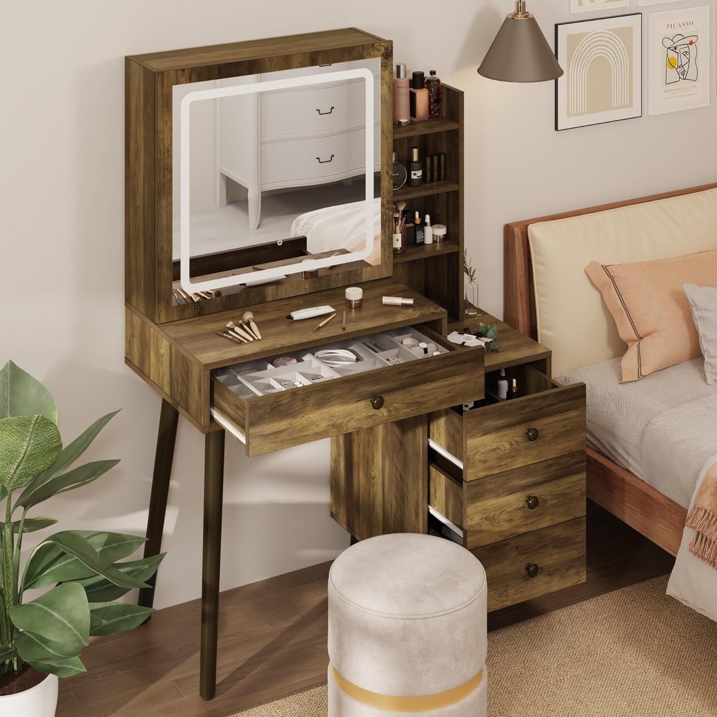Superjoe Vanity Table with Sliding Lighted Mirror, Makeup Table with 3 Color Touch Light, Vanity Desk with Drawers & Hidden Shelves for Bedroom, Brown (Stool Not Included)