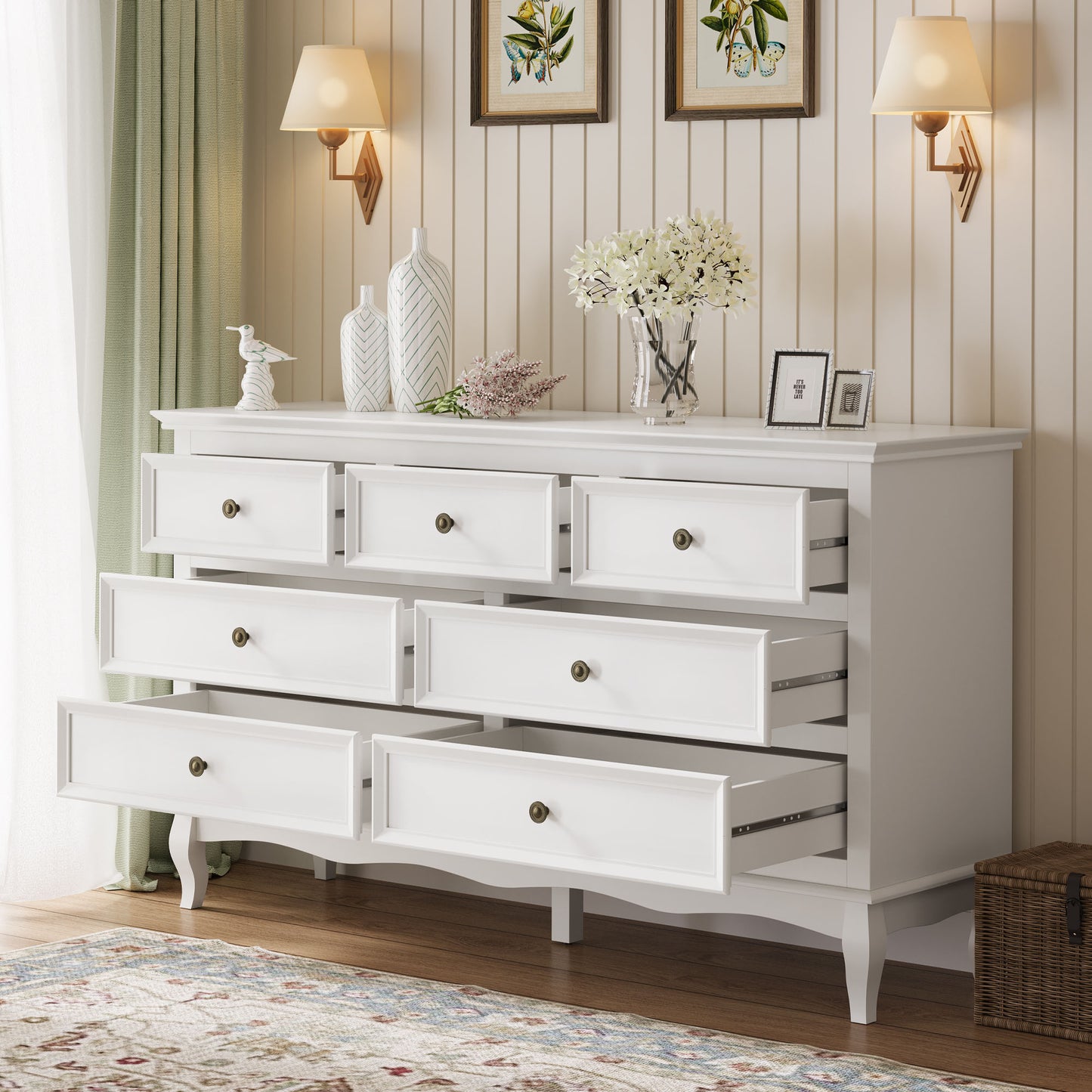 Dresser for Bedroom, 7 Drawers Dresser with Distinctive Wooden Legs & Black Paint Finish, Black Drawer Dresser with Spacious Storage Space for Bedroom, Living Room, Hallway