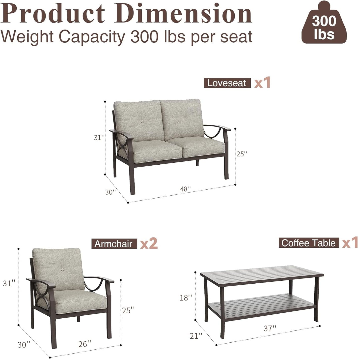 Royalcraft Outdoor Patio Furniture Set, 4 Piece Patio Conversation Set with Coffee Table, Metal Furniture Set for Porch Backyard Garden, Coffee