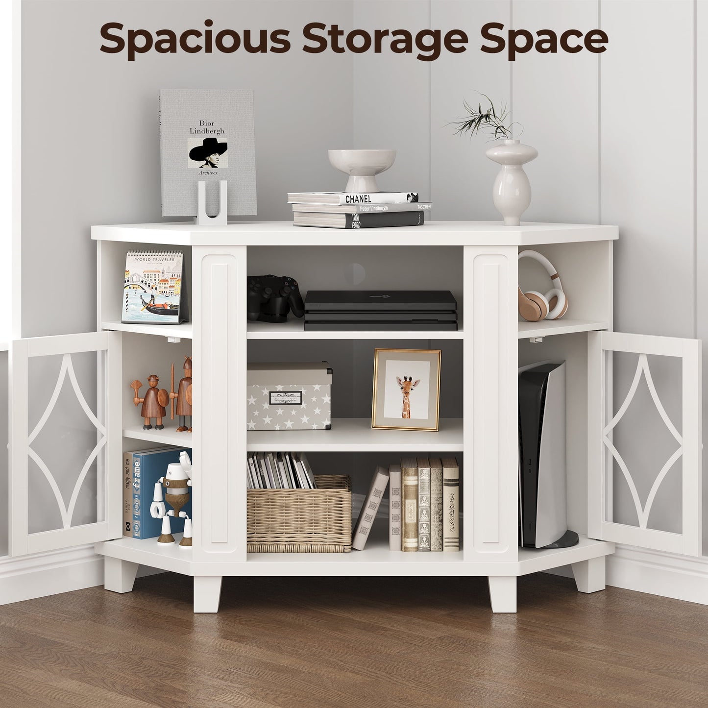 RoyalCraft Corner TV Stands for TVs up to 55'', Media Console Table with Adjustable Shelves, Acrylic Doors with Double-Diamond Design, Wood Modern Entertainment Center for Living Room Bedroom, White