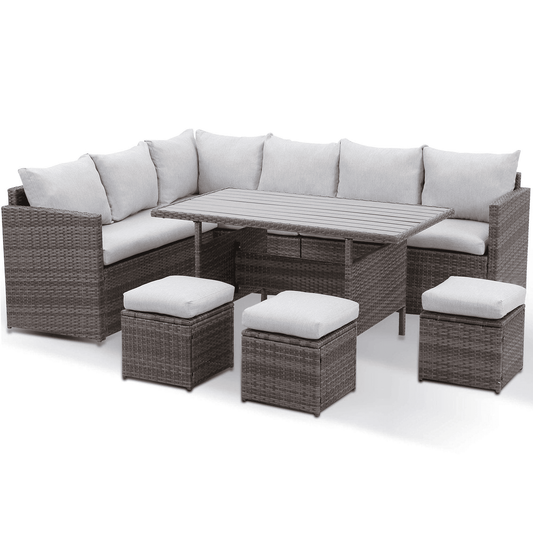 Royalcraft 7 Piece Wicker Patio Furniture Set, Outdoor Dining Sectional Sofa with Table, Grey