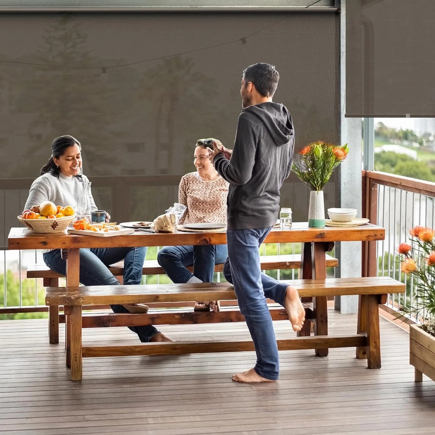 Royalcraft Outdoor Roller Shade 8'Wx8'H Brown 420GSM Cordless Patio Roller Blinds Shades with Pole, Waterproof Outdoor Blinds Roll Up for Gazebo Porch, Deck, Pergola
