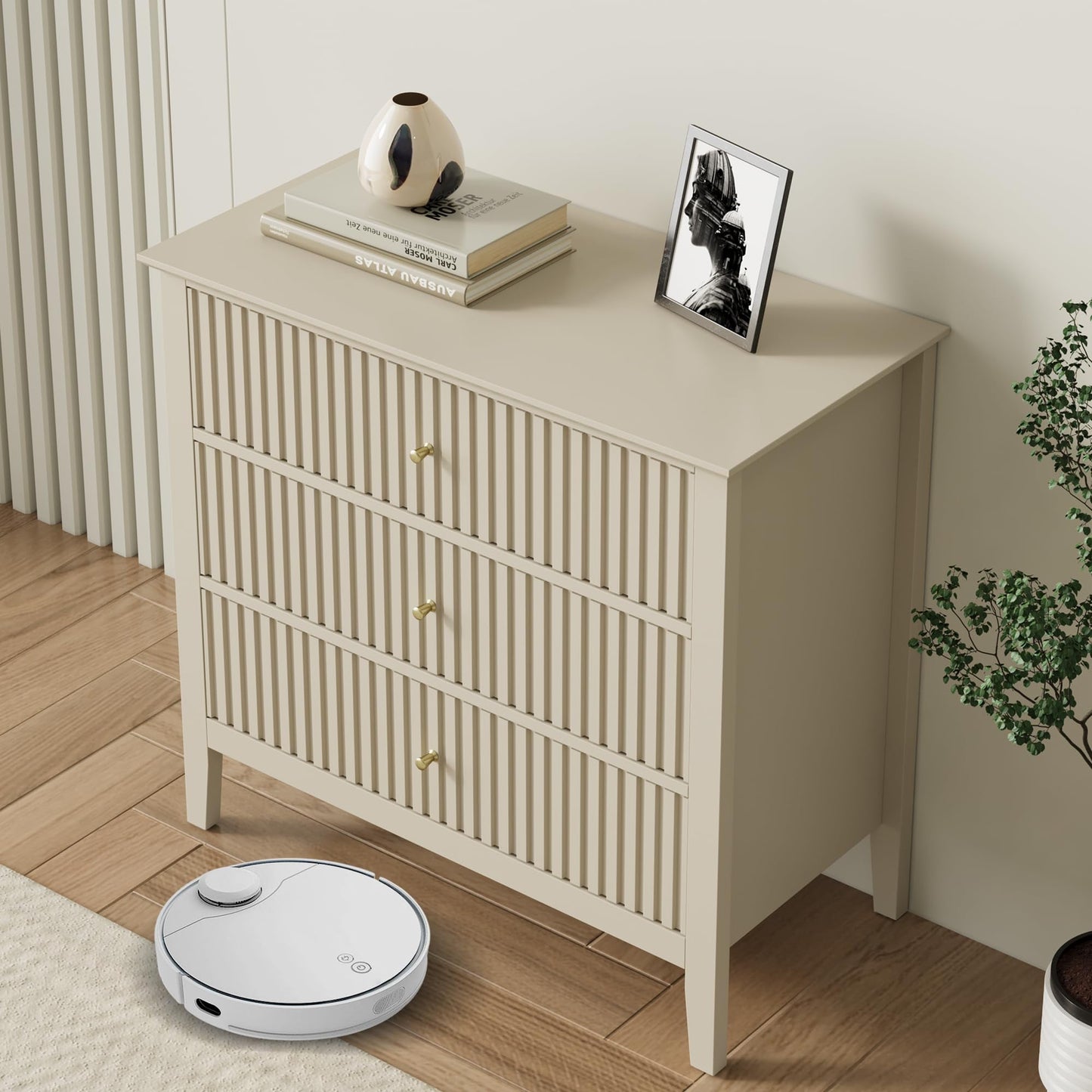RoyalCraft Fluted 3 Drawer Dresser, Wide Chest of Drawers with Ball Bearing Slide Modern Nightstand Cabinet Wood Dresser with Spacious Storage for Bedroom, Hallway, Living Room, Entryway