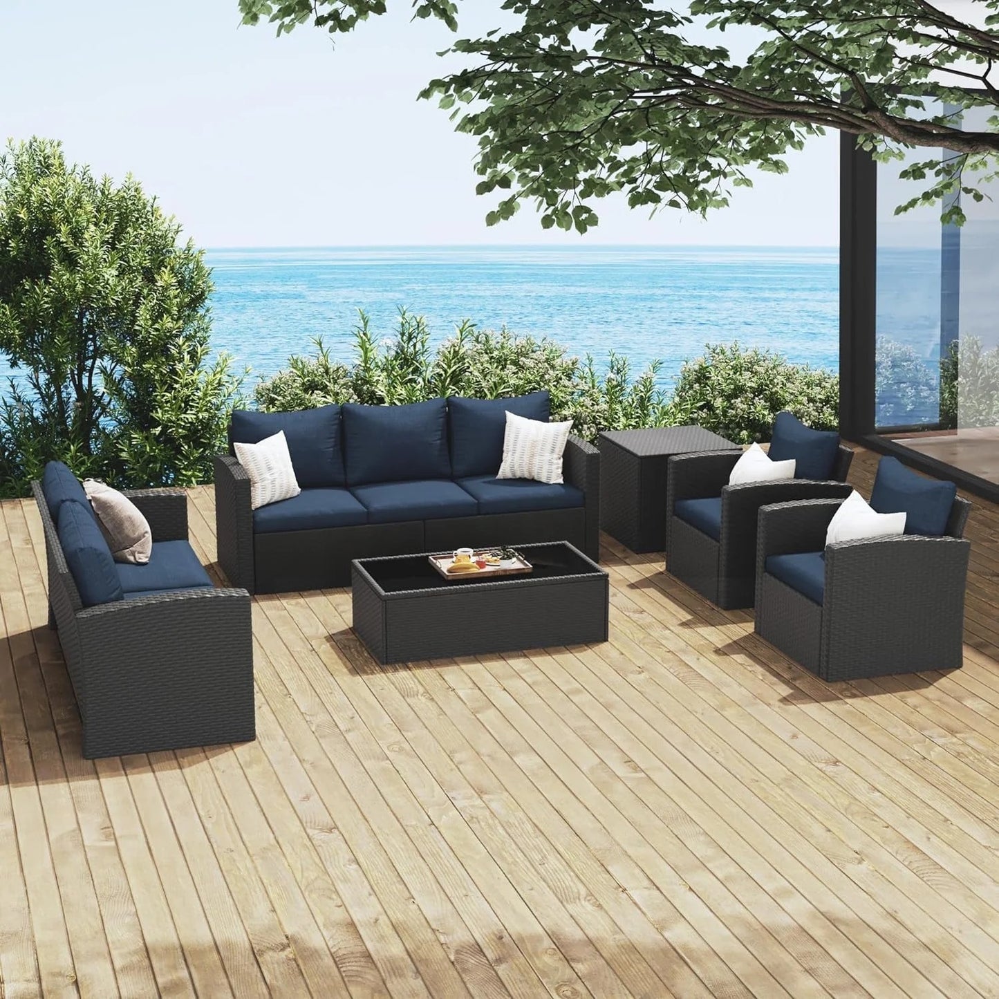 Royalcraft 9 Pieces Patio Furniture Sets, All-Weather Outdoor Sectional Wicker Conversation Set Outside Rattan Couch Sofa with Storage Box, Coffee Table, and Blue Cushion