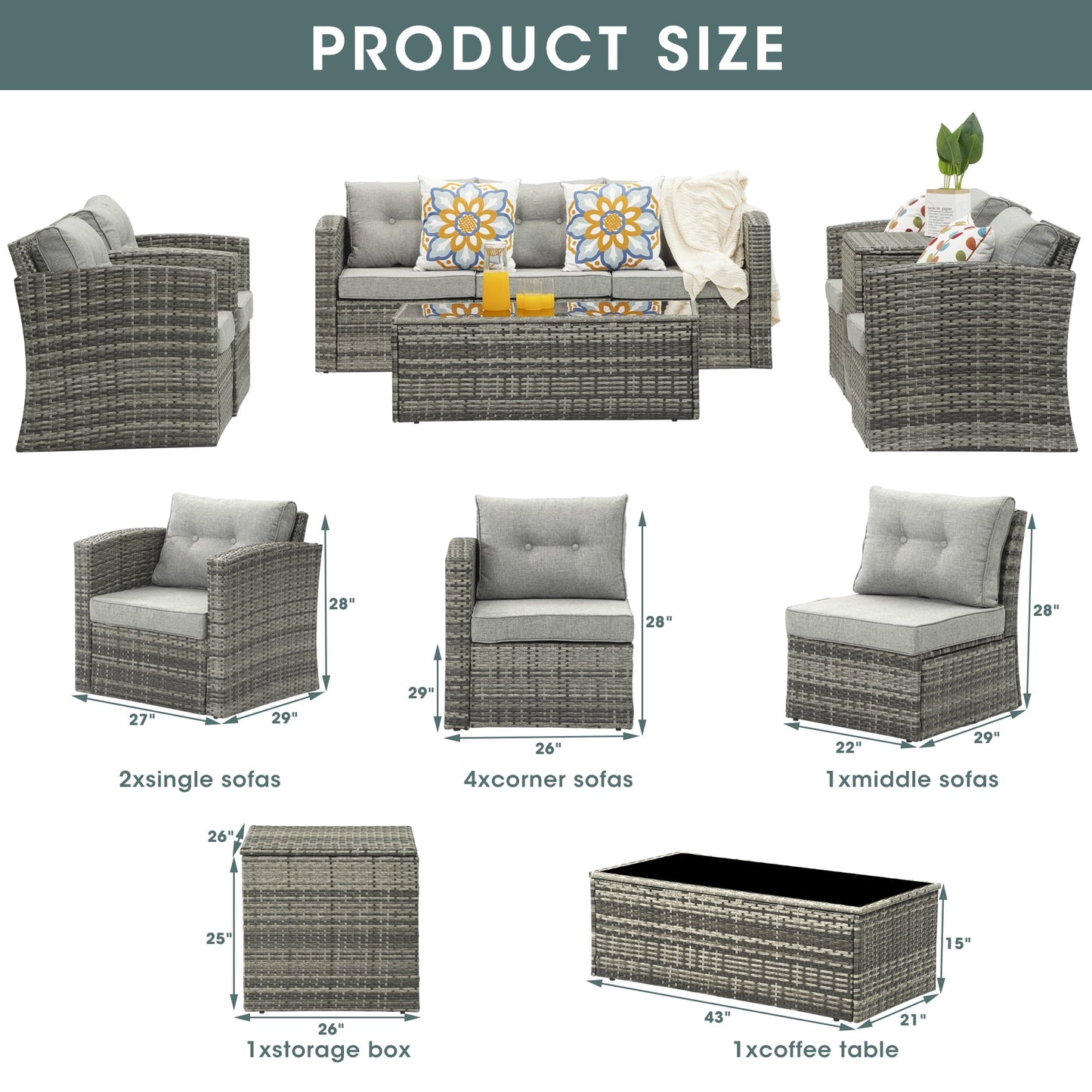 Royalcraft Outdoor Patio Furniture Set,10 Pieces Outdoor Sectional Wicker Sofa PE Rattan Conversation Sets with Dining Table,Aluminum Frame,Brown