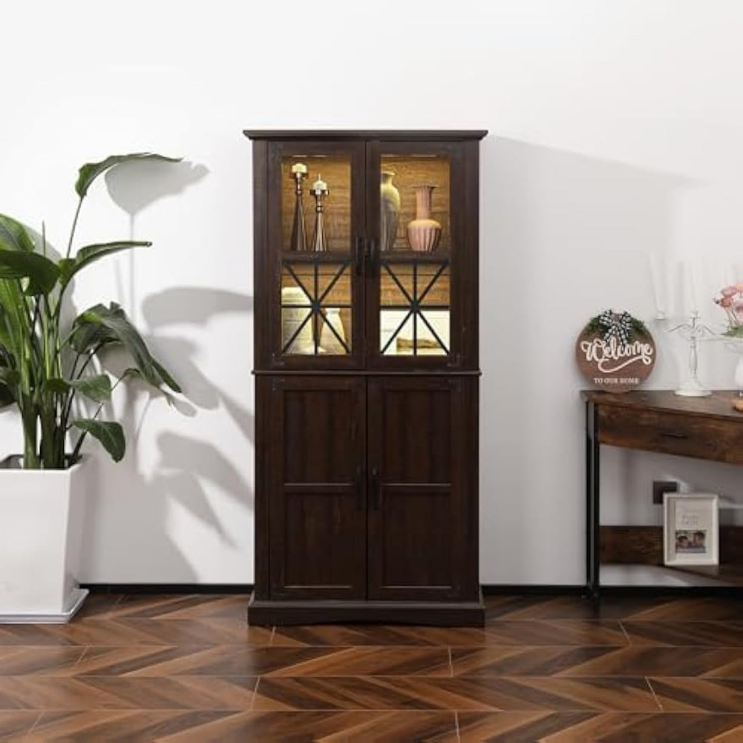 CozyHome 69'' Tall Farmhouse Storage Cabinet, Retro Display Cabinet with RGB Lights, Freestanding Kitchen Pantry Cabinet, Living Room, Home Office, Brown