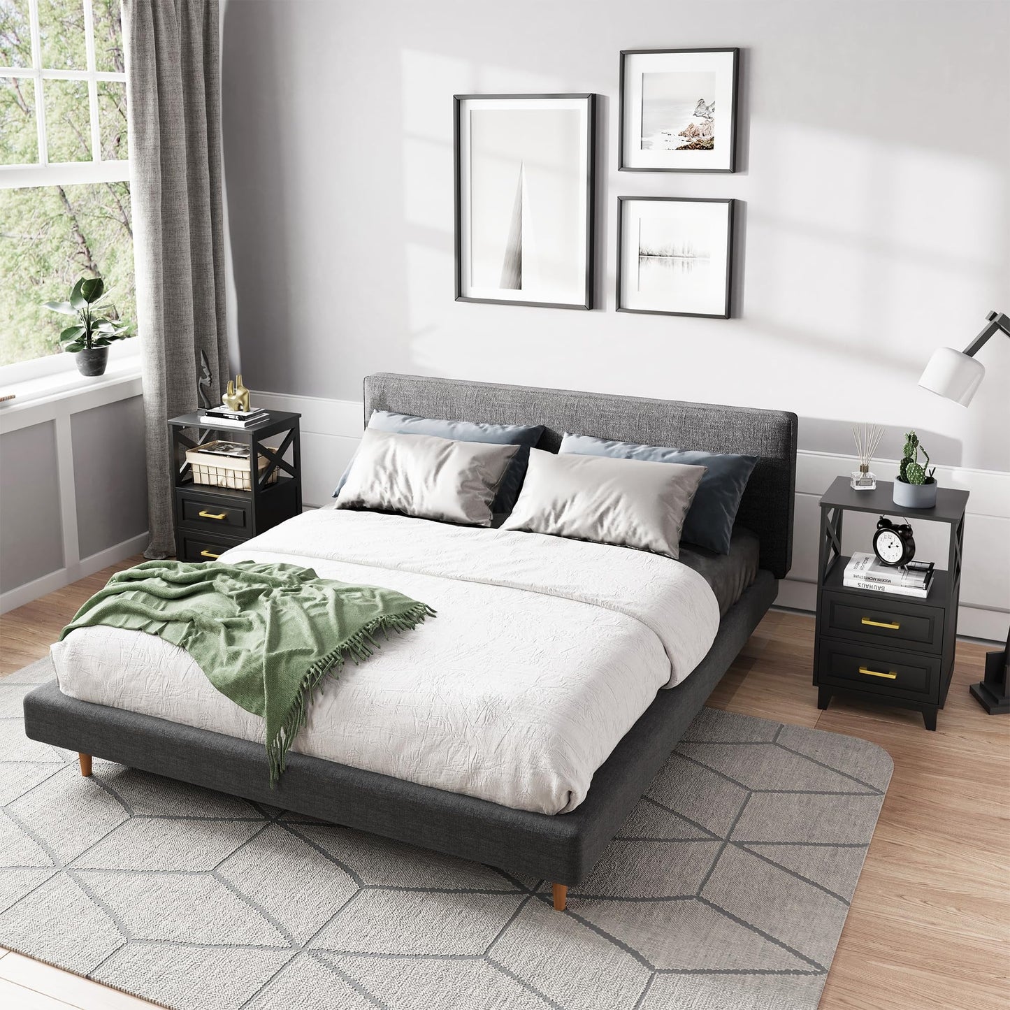 RoyalCraft Tall Nightstand Set of 2, Side Table with 2 Drawers and Open Shelf on Top, Bedside Table with Solid Feet, Modern Night Stand End Table for Bedroom, Living Room, Home Office, Black