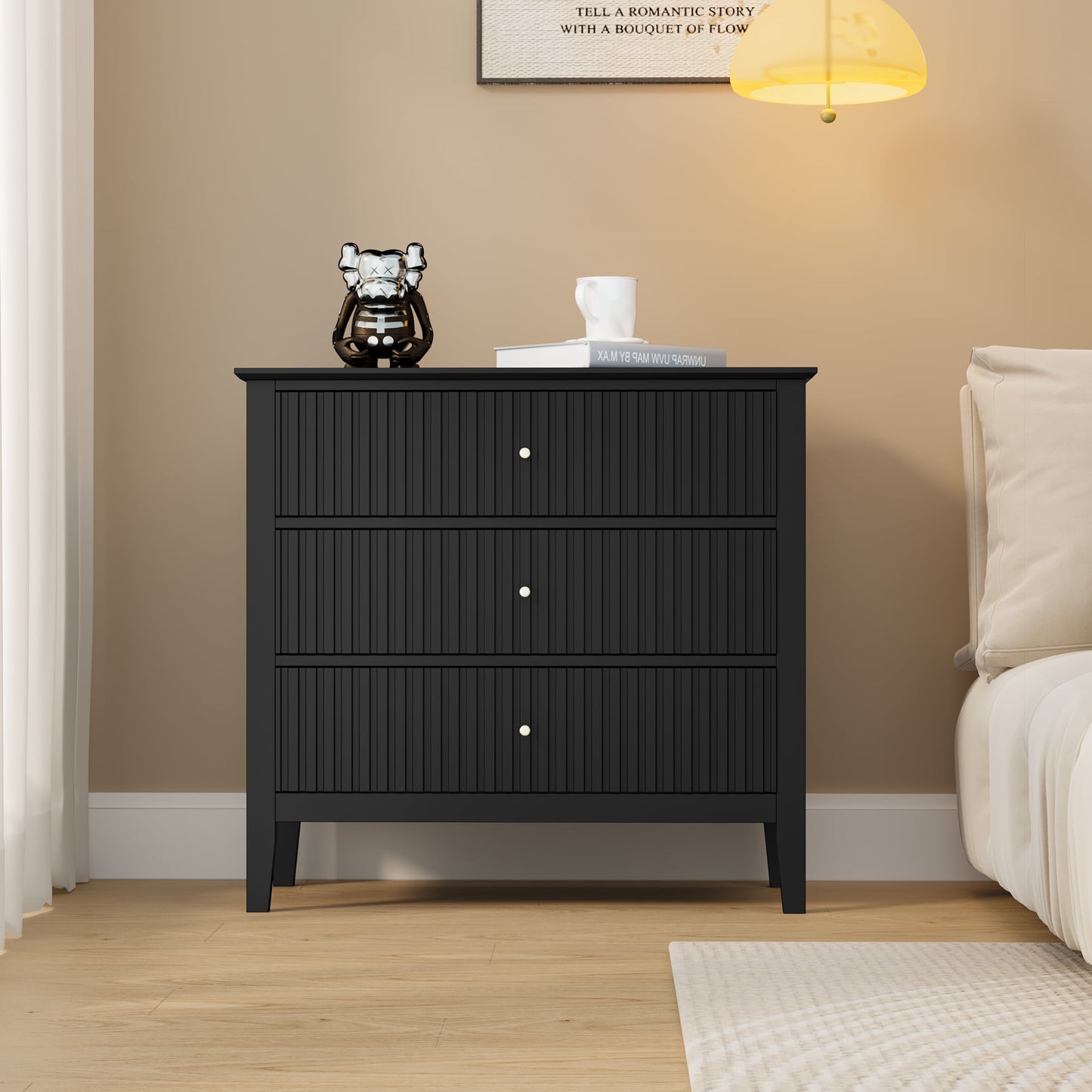 32" Black Fluted Dresser Nightstand, Wide Modern 3 Drawer Wooden Chest, Large Painted Storage Cabinet, for Bedroom, Closet, Hallway, Entryway