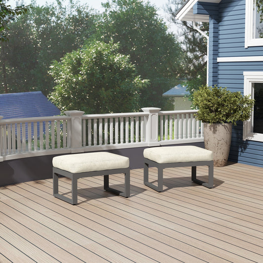 May in Color 2 Pieces Aluminum Outdoor Patio Ottoman Set, Outdoor Foot Stools with Thick Cushion, Small Seat Furniture for Porch Balcony Backyard, Beige