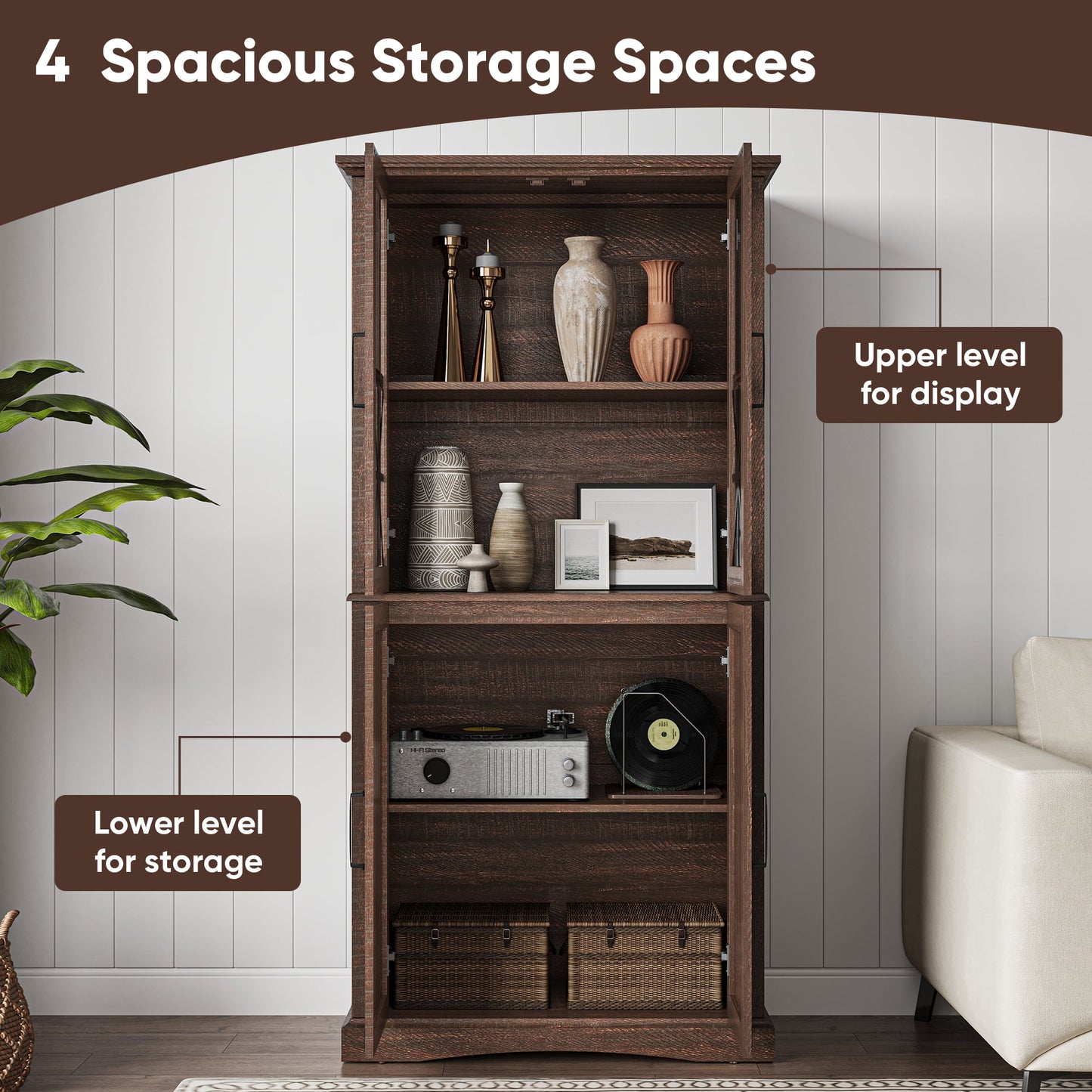 Royalcraft 69'' Tall Farmhouse Storage Cabinet, Retro Display Cabinet with RGB Lights, Freestanding Kitchen Pantry Cabinet with 2 Glass Door Cabinets for Kitchen, Living Room, Home Office, Brown