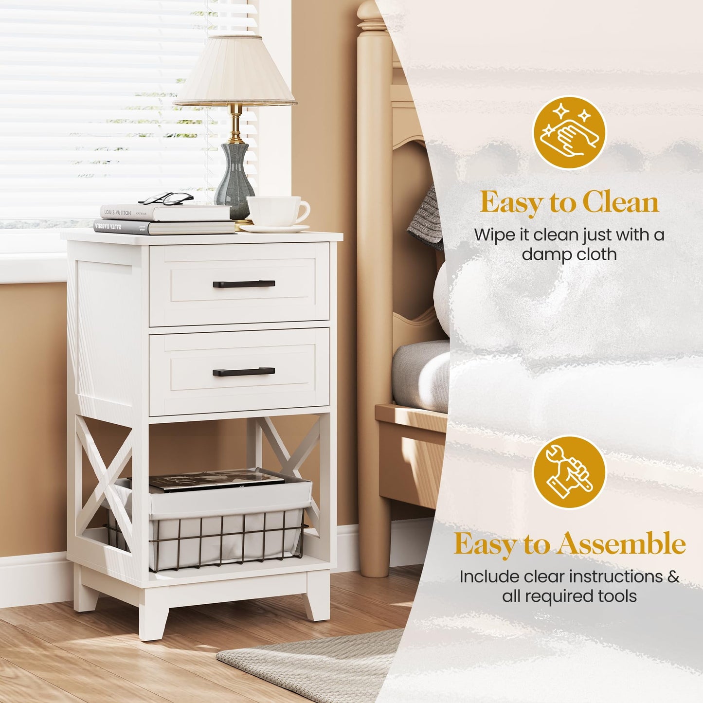 RoyalCraft Tall Nightstand Set of 2, Side Table with 2 Drawers and Open Shelf Below, Bedside Table with Solid Feet, Modern Night Stand End Table for Bedroom, Living Room, Home Office, White