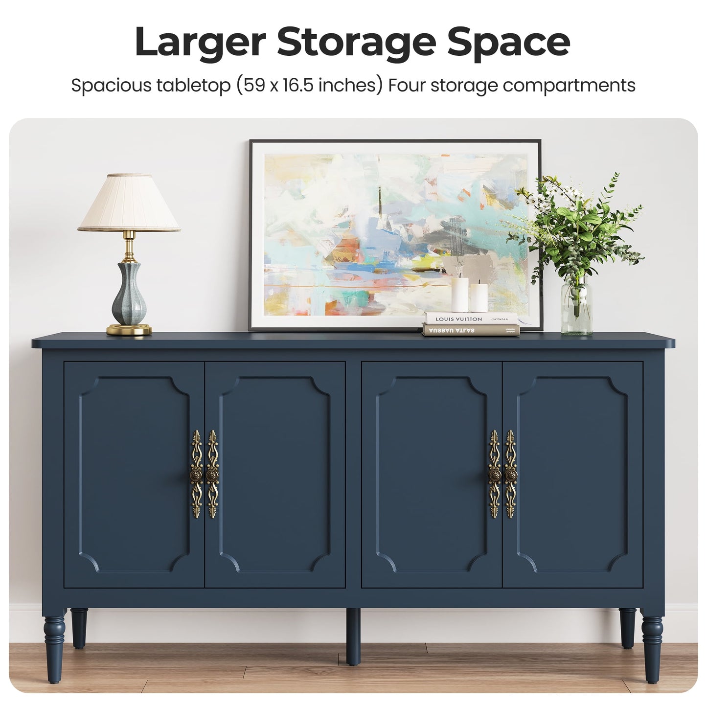 May in Color 58" Wood Buffet Cabinet, Mid-Century Modern Console Cabinet, with 4 Door & Media Storage, for Entryway, Living Room, Dining Room, Bedroom, Blue