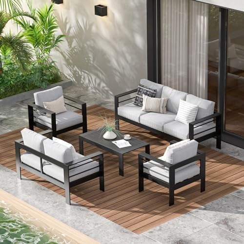 Mayincolor Aluminum Patio Furniture Set, 7 Seats Outdoor Conversation Set, Sectional Metal Sofa with 5 Inch Cushion and Coffee Table for Balcony, Backyard, Garden, Black Frame and Grey Cushion