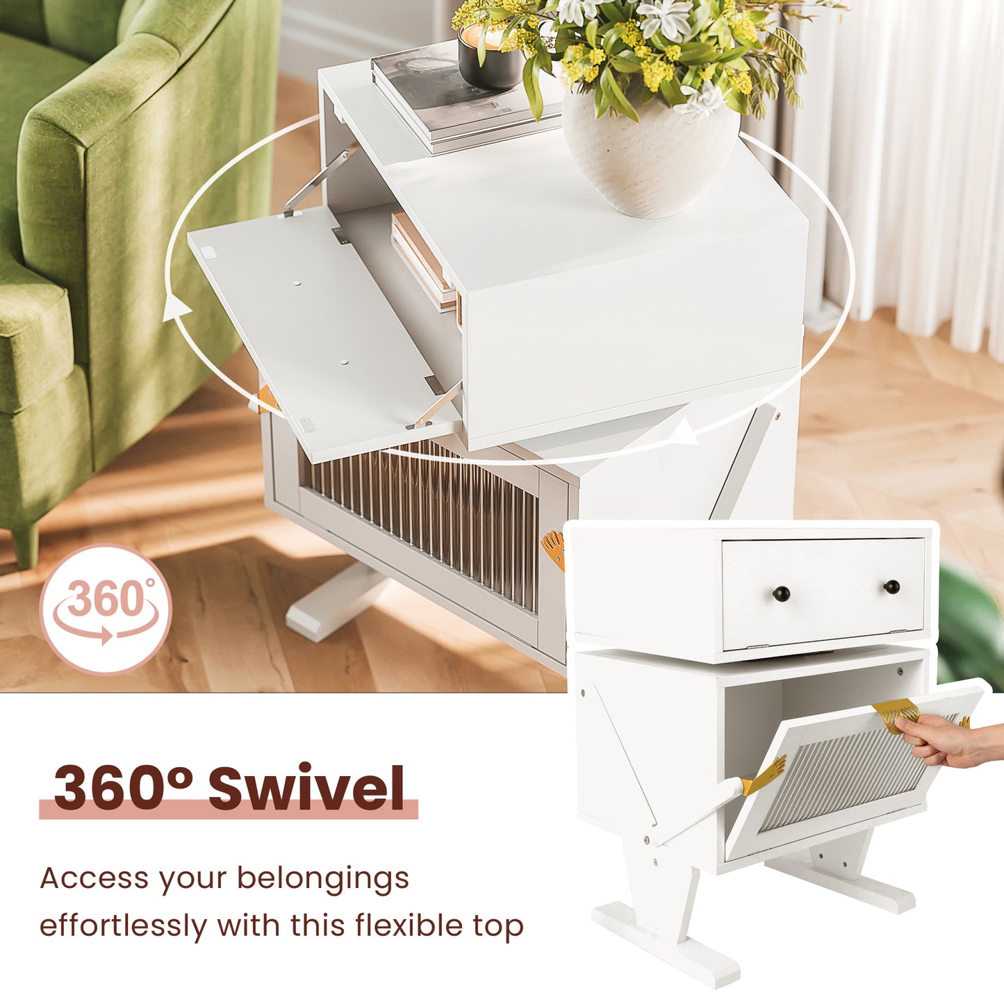 Nightstand with 360° Rotating Drawer and LED Light Strip