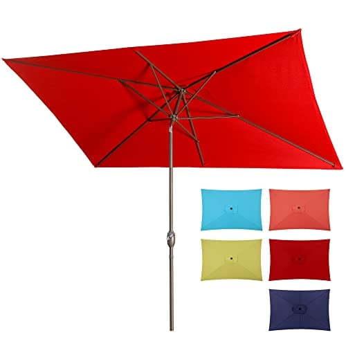 Mayincolor 6.5 x 10 Ft Rectangular Patio Umbrella Aluminum Pole, Outdoor Table Market Umbrella with Crank, 6 Steel Ribs, Polyester Canopy, Red