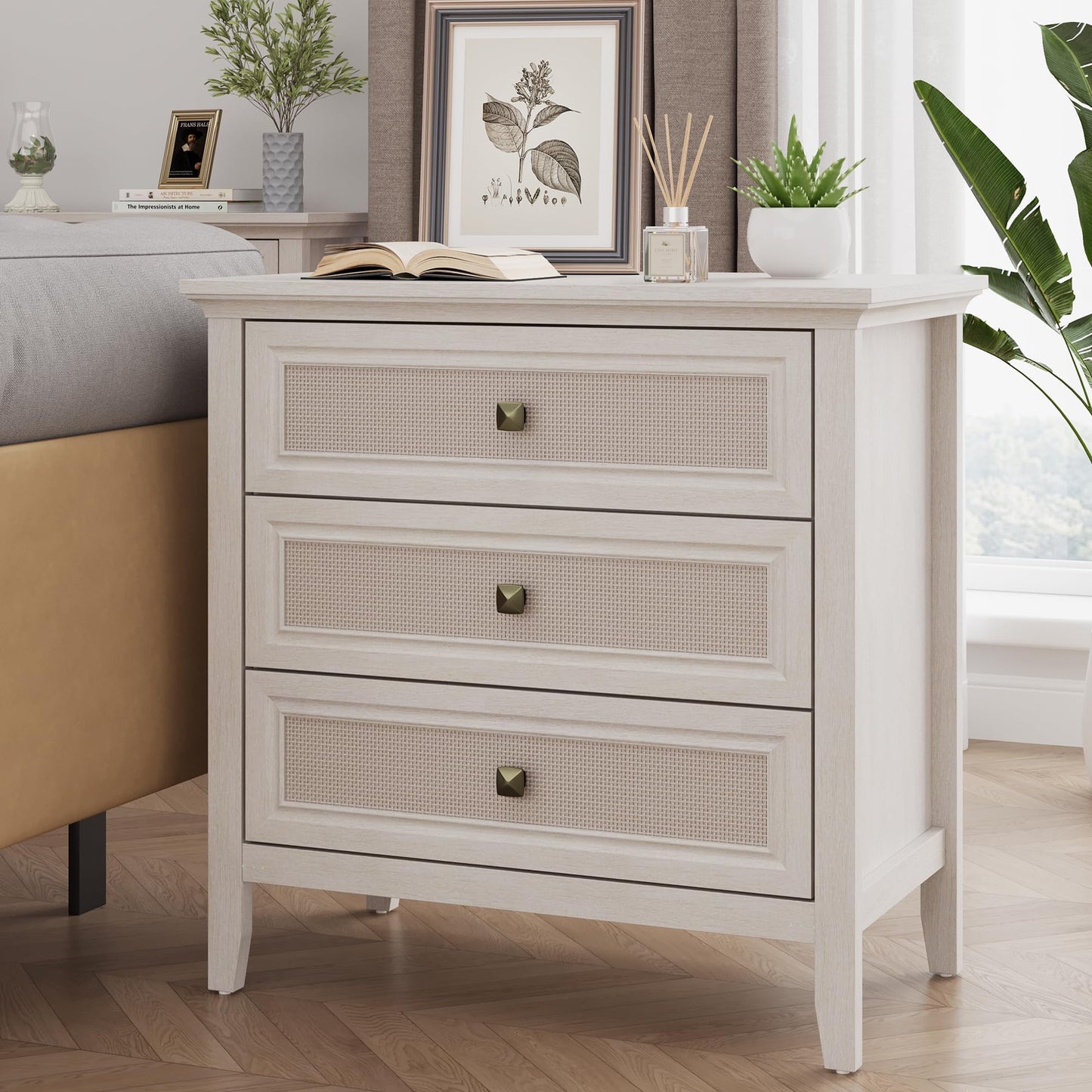 Superjoe 3 Drawer Nightstand, Rattan Dresser Table with Cane Drawers, Tall Boho Bedside Table Cabinet for Bedroom, Living Room, Entryway, Hallway, White