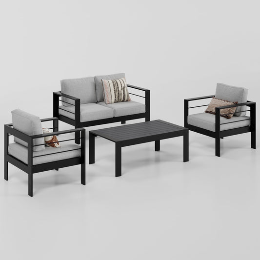 Superjoe 4 Pcs Outdoor Aluminum Furniture Set All-Weather Patio Sectional Chat Sofa Conversation Set Loveseat Coffee Table Black Frame Light Gray Cushion