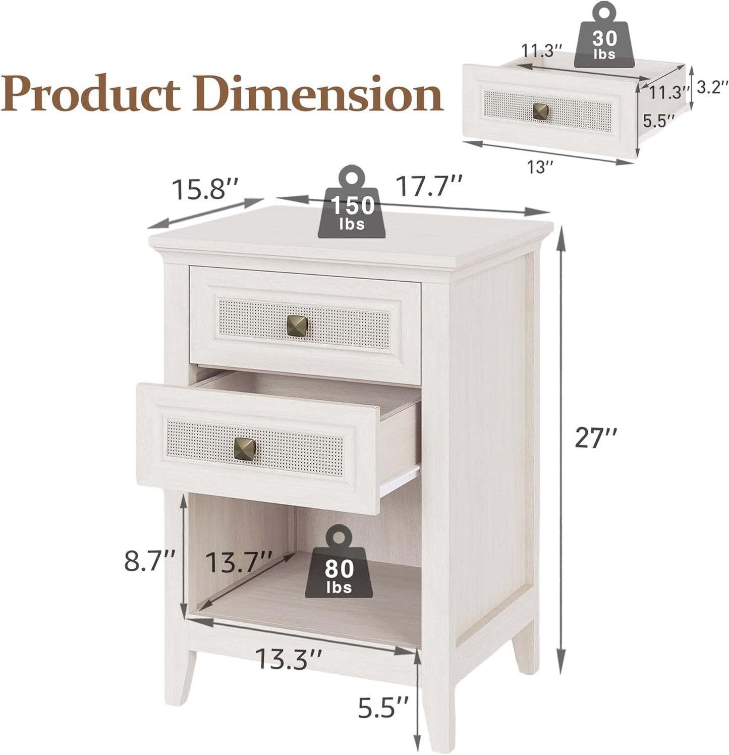 Superjoe 27" Rattan Nightstand w/2 Drawers Set of 2, Grayish White Wood Farmhouse Bedside Table, Boho Accent End Table Cabinet w/Open Storage Shelf