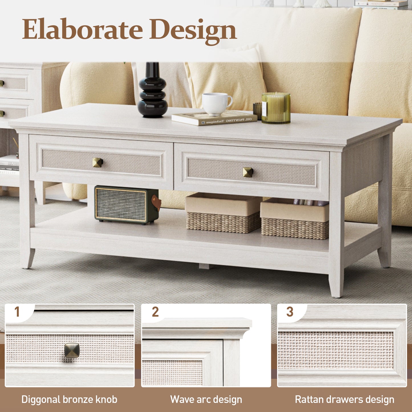 Royalcraft Farmhouse Coffee Table, Boho Tea Table with 2 Rattan Decor Drawers, Accent Center Sofa Table with Storage Shelf, 2 Tier Coffee Table for Bedroom, Living Room, Home Office, Grayish White