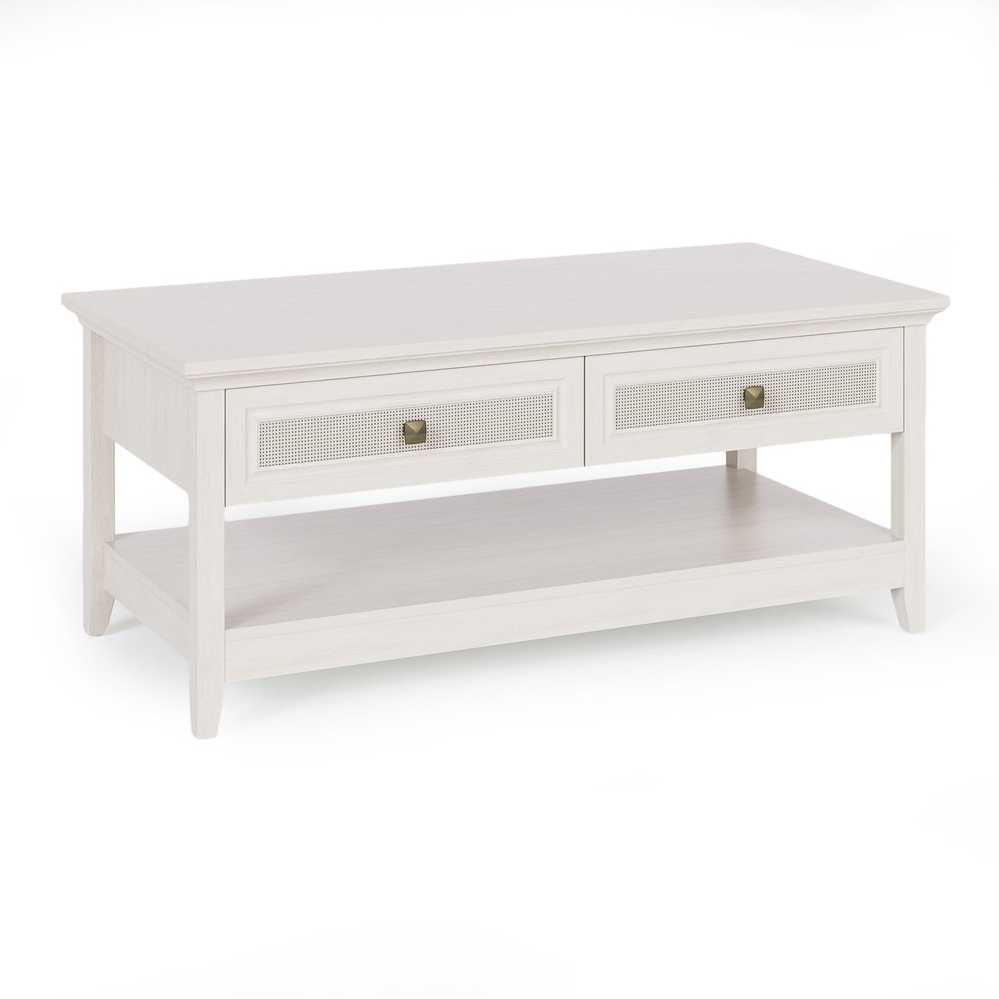 Royalcraft Farmhouse Coffee Table, Boho Tea Table with 2 Rattan Decor Drawers, Accent Center Sofa Table with Storage Shelf, 2 Tier Coffee Table for Bedroom, Living Room, Home Office, Grayish White