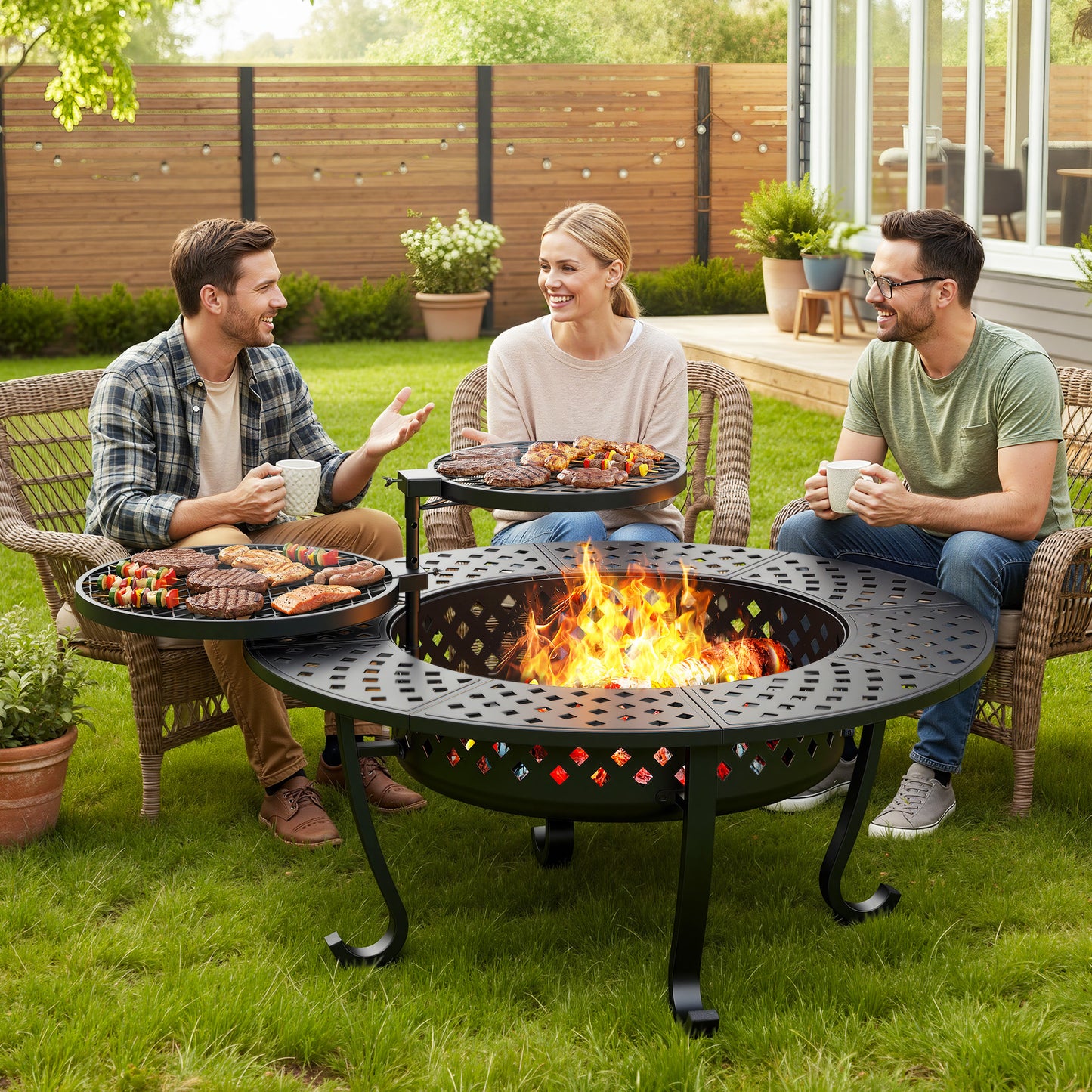43'' Fire Pit with 2 Grills, Outdoor Wood Burning Fireplace with Lid and Fire Poker, BBQ & Bonfire & Round Metal Table 3 in 1 for Patio, Backyard, Garden, Black