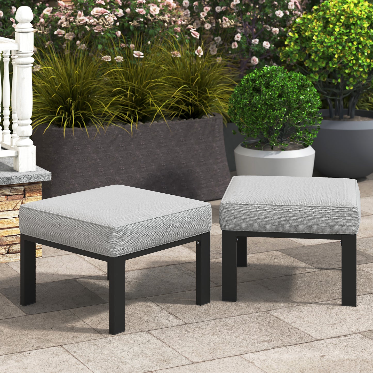 Royalcraft Patio Furniture Footstools Metal Ottomans Set of 2, Metal Outdoor Ottomans with Upgraded Cushions, All-weather Outdoor Footrest Seat for Balcony, Garden, Deck, Backyard, Black