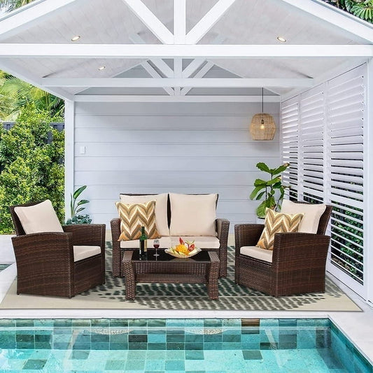 Superjoe 4 Pcs Patio Furniture Set Wicker Rattan Conversation Set Outdoor Sofa with Coffee Table,Beige Cushion