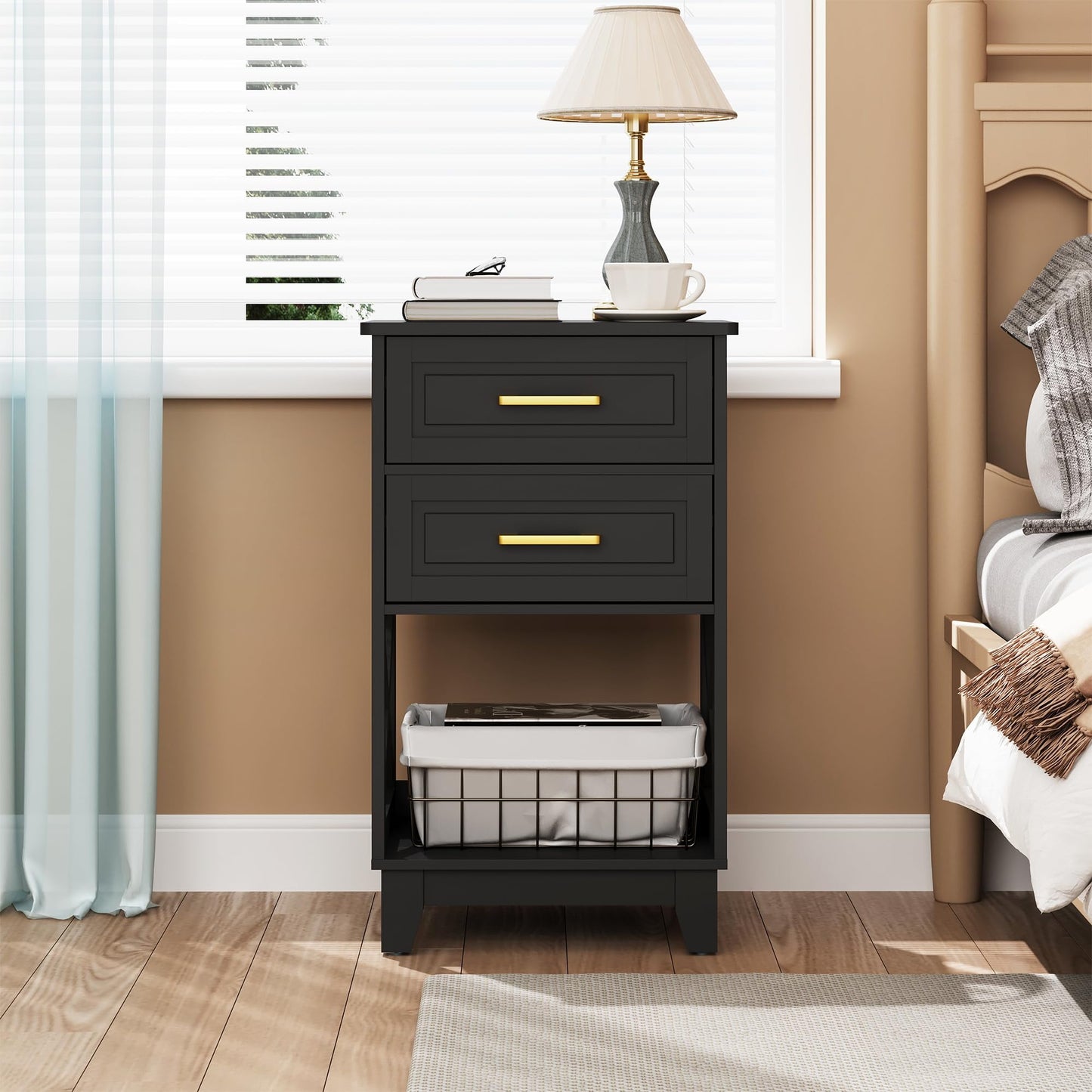 RoyalCraft Tall Nightstand, Side Table with 2 Drawers and Open Shelf Below, Bedside Table with Solid Feet, Modern Night Stand End Table for Bedroom, Living Room, Home Office, Black