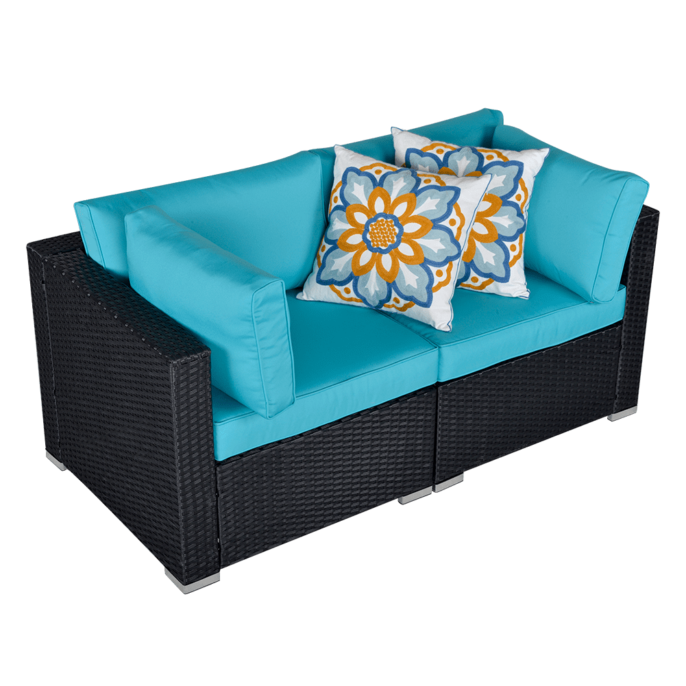 Sunvivi Wicker Patio Loveseat, Create the Patio of Your Dreams With Our Modular Furniture Sets, Black and Blue, PE Wicker