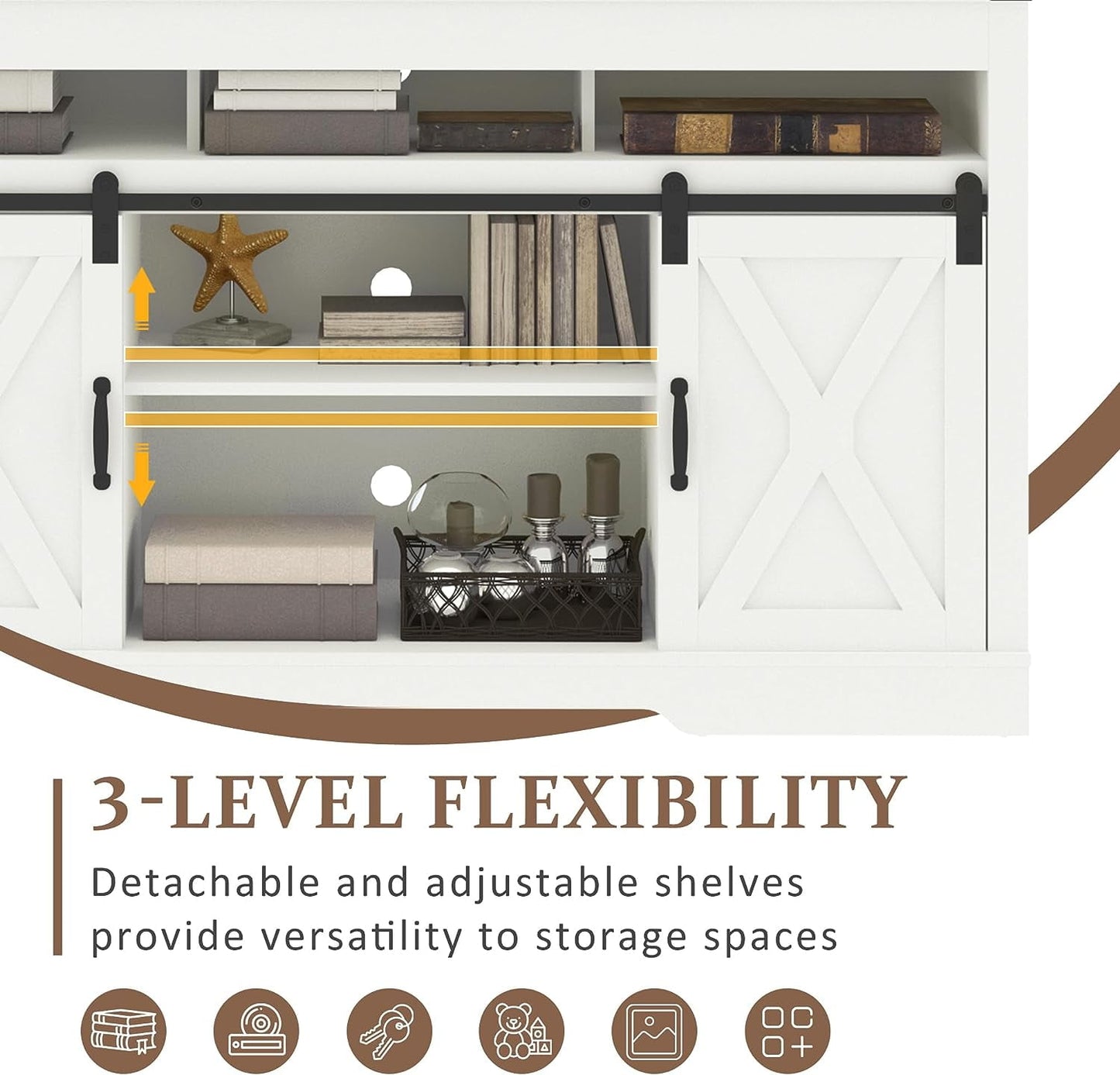 Royalcraft Farmhouse TV Stand for 65+ Inch TV, 34'' White Entertainment Center with Sliding Barn Doors,  Wood  Cabinet Television Stands- White