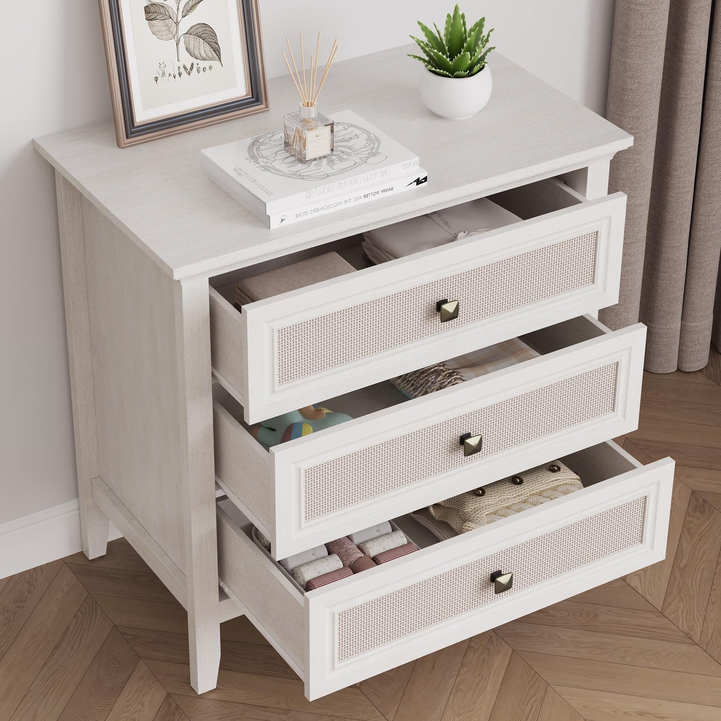 Superjoe 3 Drawer Nightstand, Rattan Dresser Table with Cane Drawers, Tall Boho Bedside Table Cabinet for Bedroom, Living Room, Entryway, Hallway, White