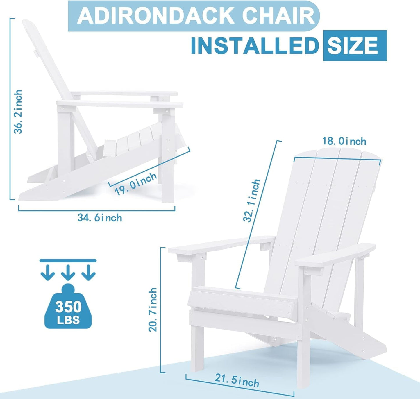 Royalcraft Adirondack Chairs, Weather Resistant Hips Plastic Fire Pit Chairs, Modern Poly Adorondic Outside Chairs, 350 LBS Adirondack Chair for Easy Assembly, White