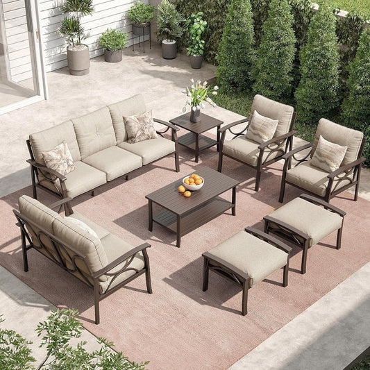 Royalcraft Outdoor Patio Furniture Set, 8 Piece Patio Conversation Set with Coffee Table Side Table and Ottomans, Metal Furniture Set for Porch Backyard Garden, Coffee