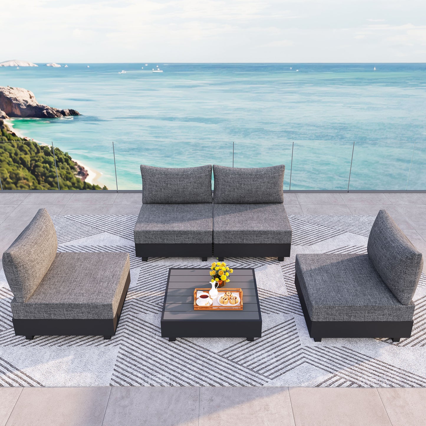 5 Pieces Aluminum Patio Furniture Set, Outdoor Sectional Sofa Conversation Sets with Coffee Table, Modular Armless Chairs Set for Pool Garden Balcony Porch, Grey