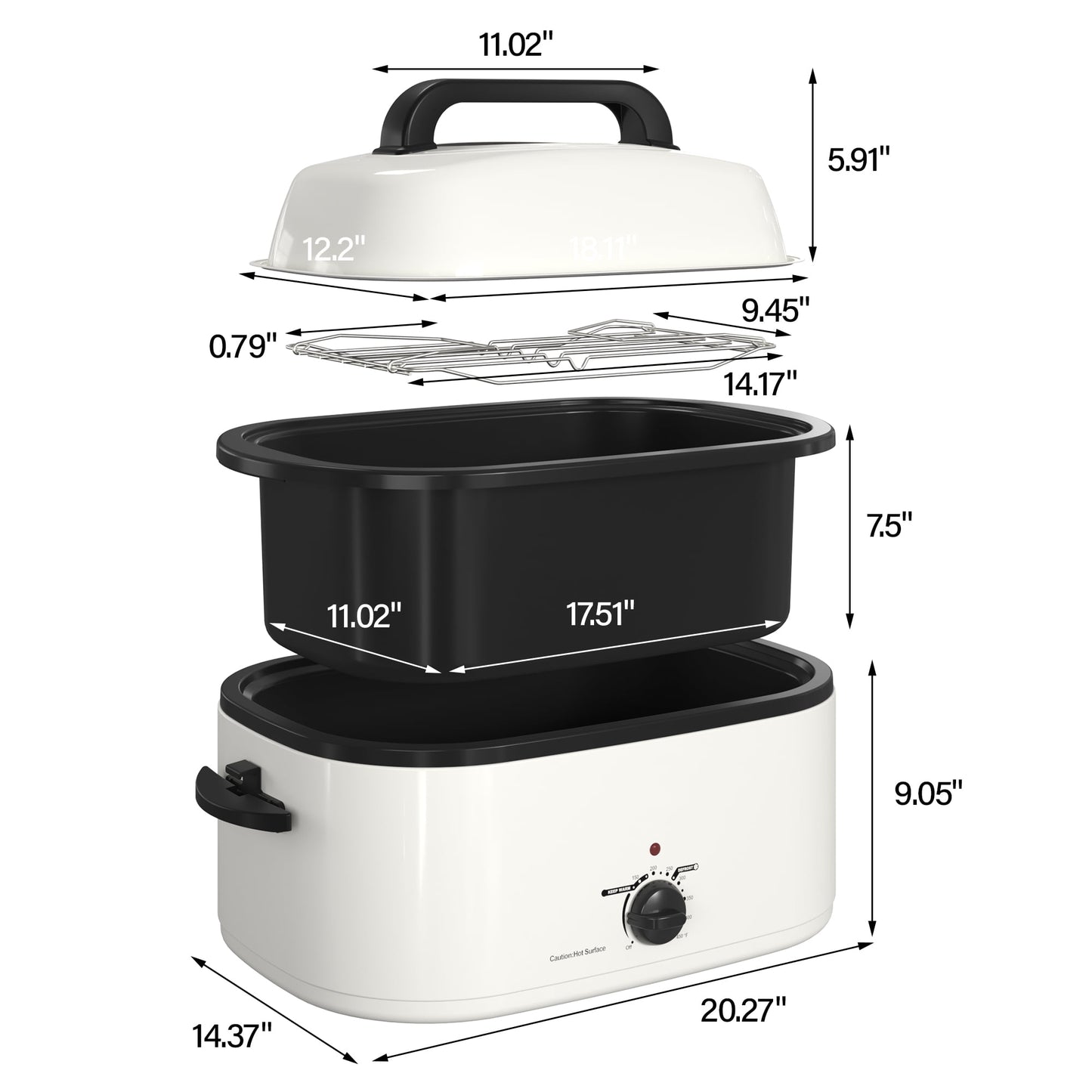 RoyalCraft 26 Quart Electric Turkey Roaster Oven with Visible Glass Lid, with Removable Pan & Rack, Stainless Steel, White