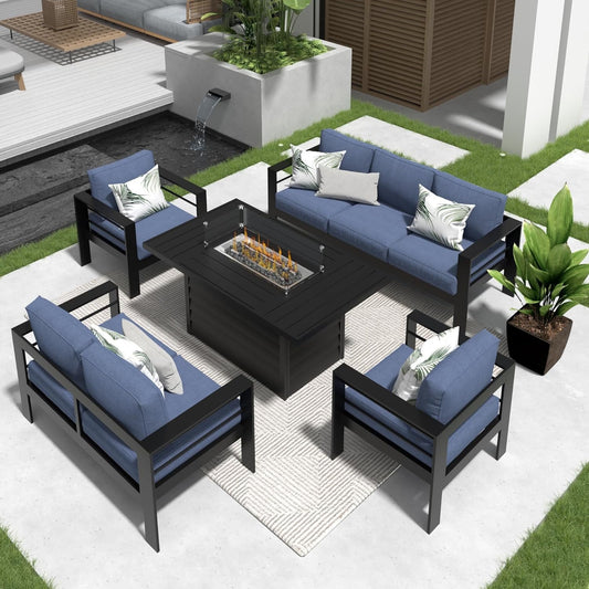 RoyalCarft Aluminum Patio Furniture Set with Fire Pit Table, 5 Piece Metal Outdoor Furniture with Water-Resistant Cushions, Modern Patio Conversation Set for Balcony, Front Porch, and Backyard, Blue