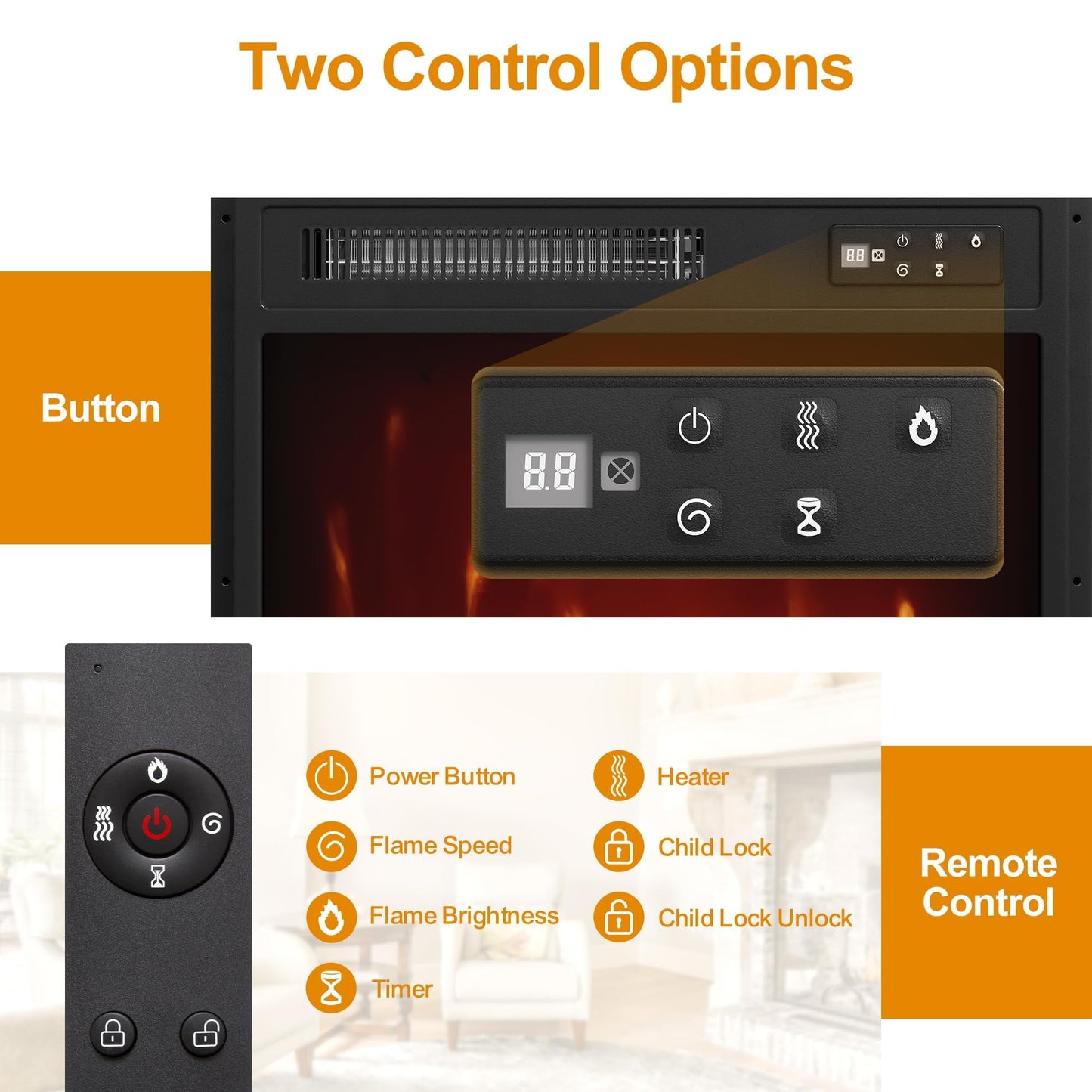 CozyHome 18'' Electric Fireplace Insert with Remote Control, Recessed Fireplace Heater with Adjustable Temperature & Flame Brightness, Small Heater with 8H Timer & Low Noise, 110V/1500W, Black