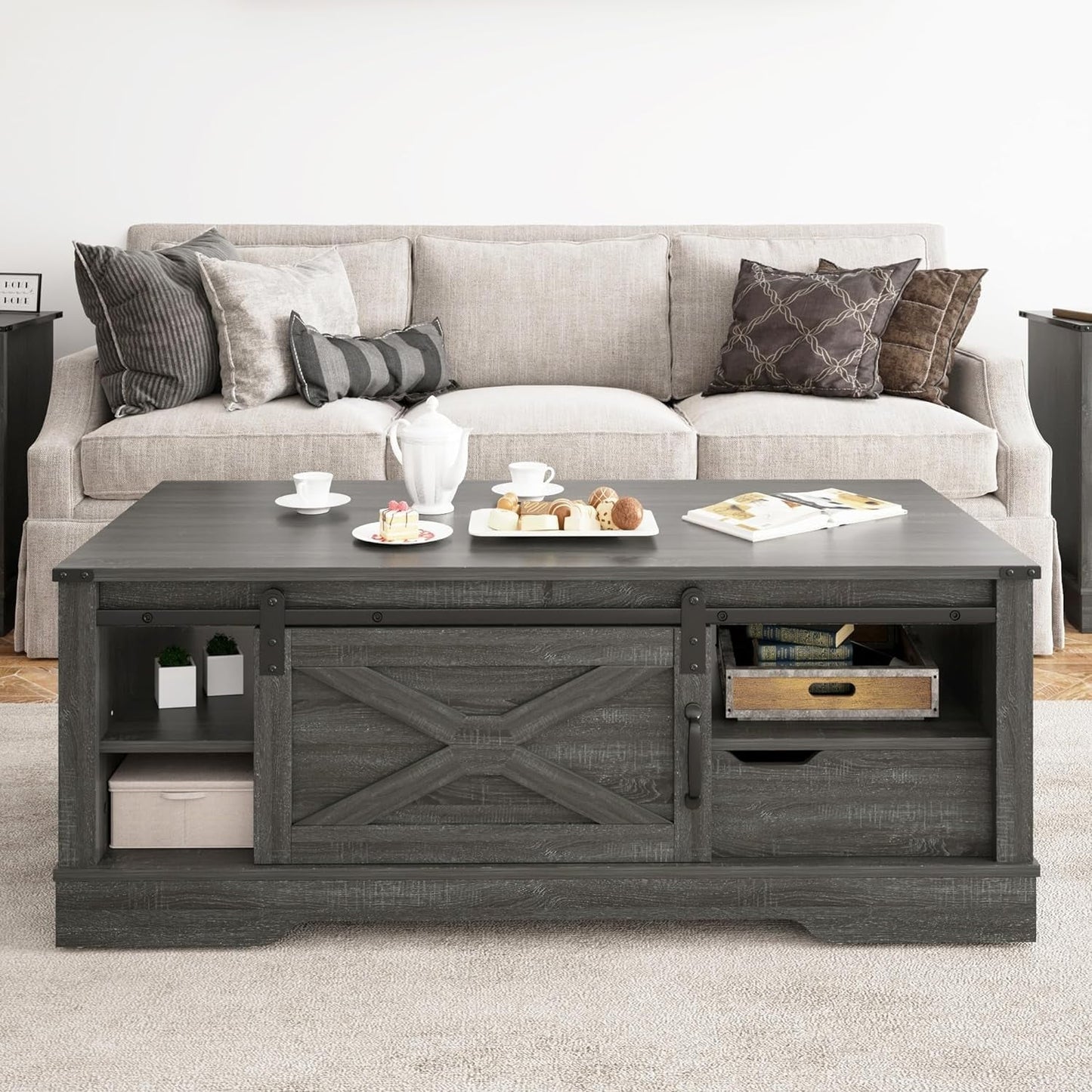 Farmhouse Coffee Table with Storage and Sliding Barn Door, 48'' Rustic Living Room Table , Rectangular Center Table