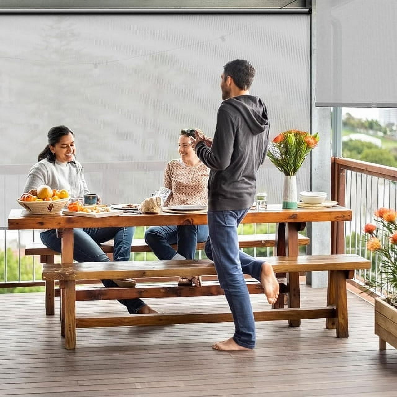 Royalcraft Outdoor Roller Shade 6'Wx6'H Biege 420GSM Cordless Patio Roller Blinds Shades with Pole, Waterproof Outdoor Blinds Roll Up for Gazebo Porch, Deck, Pergola