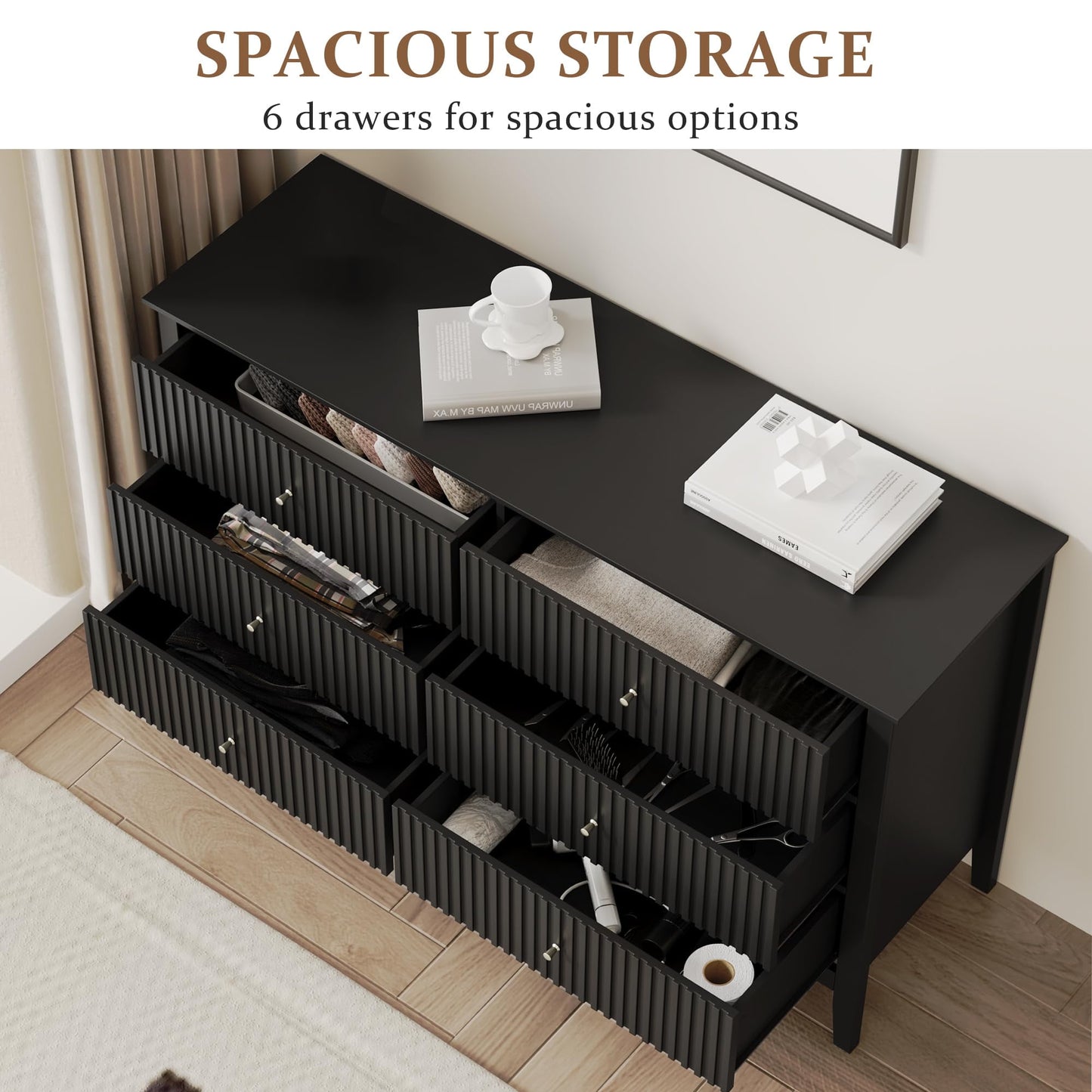 RoyalCraft Black 6 Drawer Dresser, Fluted Modern Wood Dresser, Double Chest of Drawers with Ball Bearing Slide, Long Dresser for Bedroom TV Stand Storage Cabinet for Living Room