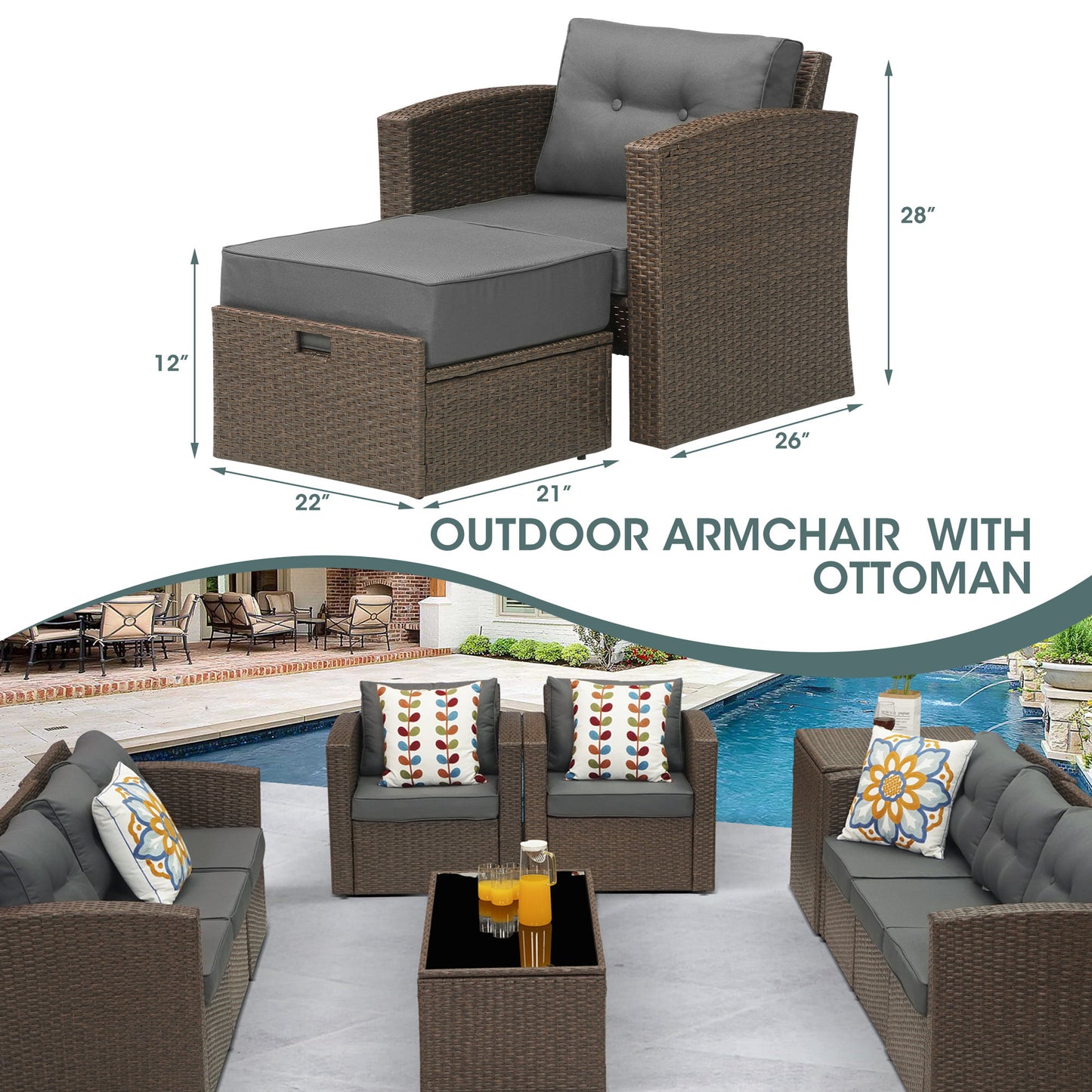 Royalcraft 4 Pieces Wicker Furniture Single Chair with Ottoman,All-Weather Brown Rattan Outdoor ArmChair Sofa Set with Dark Grey Non-slip Cushions,Aluminum Frame