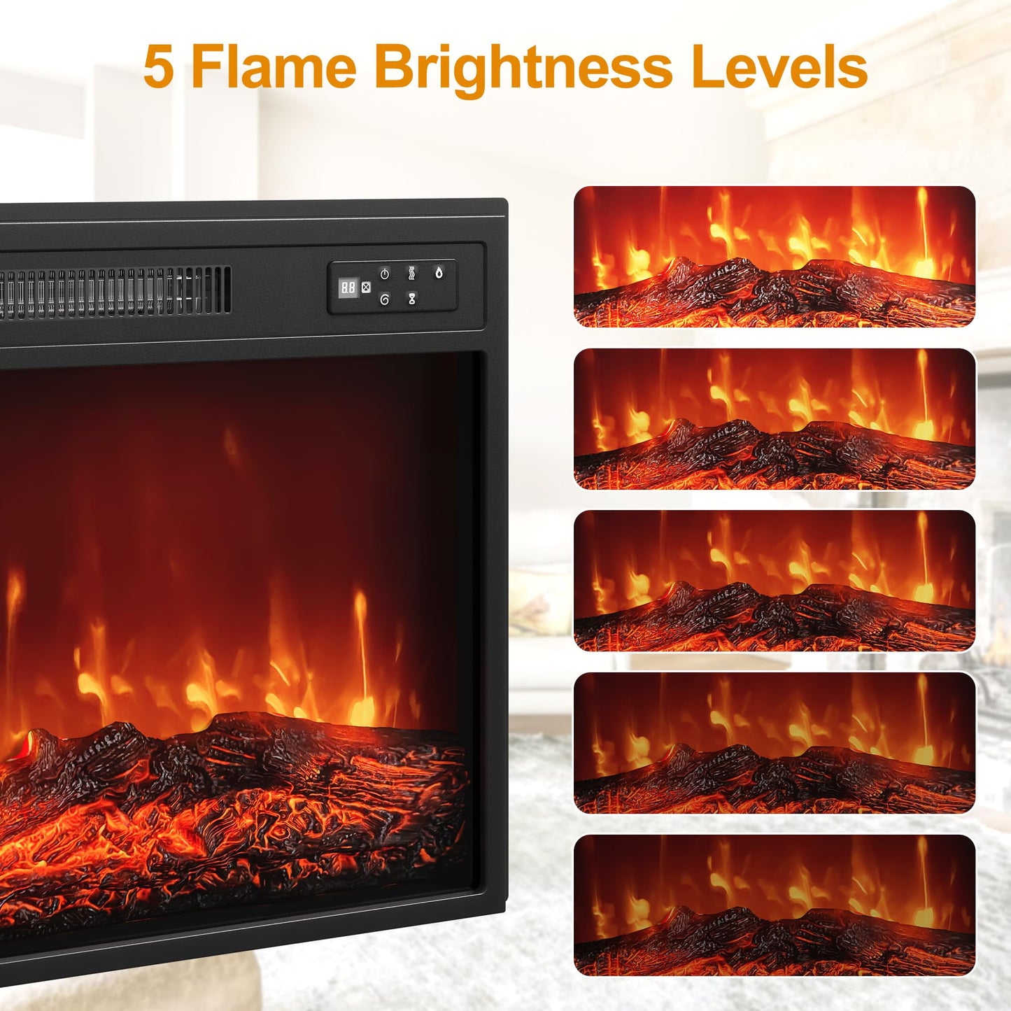 Heynemo 18'' Electric Fireplace Insert, Recessed Fireplace Heater with Remote Control, Small Heater with Low Noise, Adjustable Temperature, 8H Timer, Adjustable Flame Brightness, 110V/1500W, Black