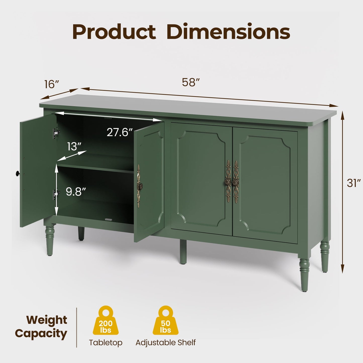 May in Color 58" Wood Buffet Cabinet, Mid-Century Modern Console Cabinet, with 4 Door & Media Storage, for Entryway, Living Room, Dining Room, Bedroom, Green