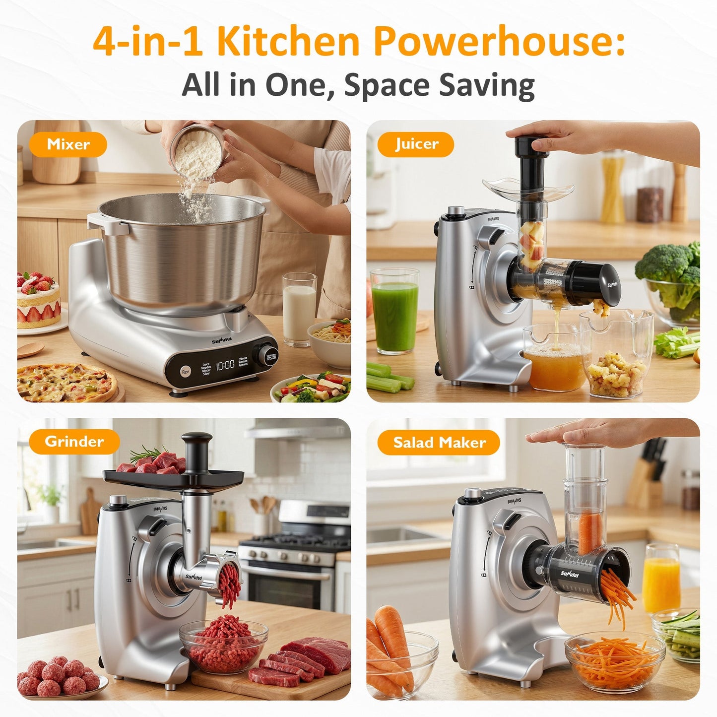 Royalcraft 4-in-1 Stand Mixer 5.3QT with Fermentation, Electric Dough Mixer with Juicer, Meat Grinder & Salad Maker