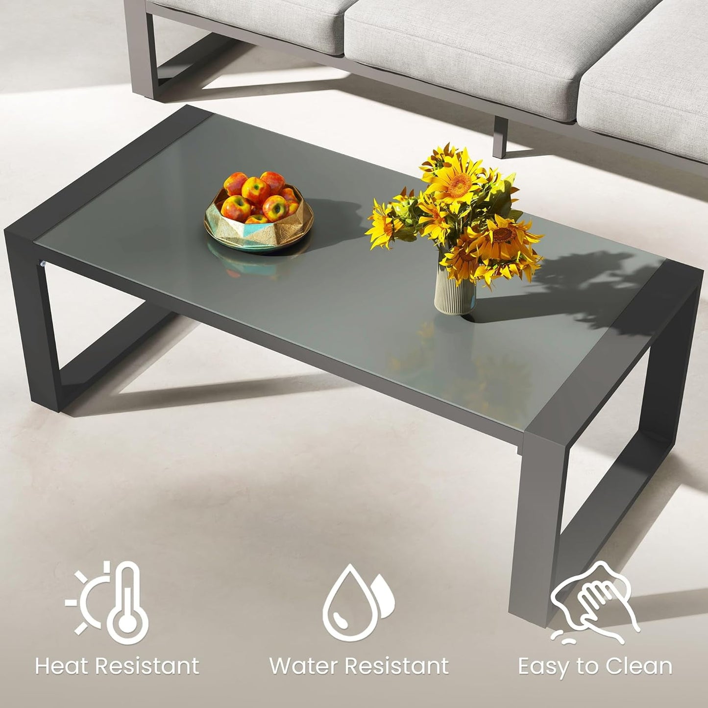 Royalcraft Aluminum Outdoor Coffee Table, All-Weather Metal Rectangular Patio Side Table with Tempered Glass Top, Patio Tables for Porch Backyard Garden, Grey